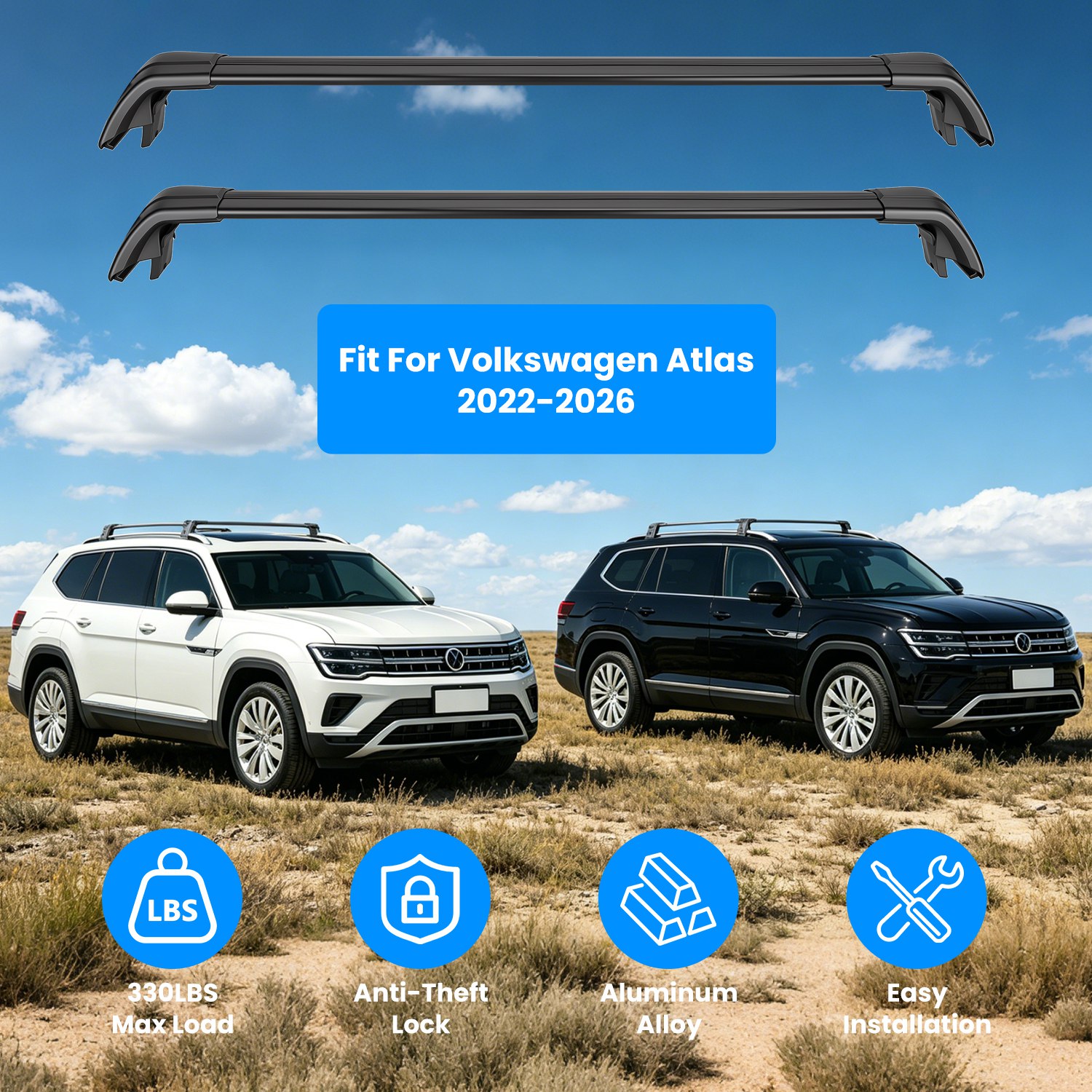 Roof Rack Cross Bars Fit for Volkswagen Atlas 2022-2026 with Factory Raised Side Rails Lockable Aluminum Roof Rack Crossbars With Locks Anti-Theft Car - Image 2