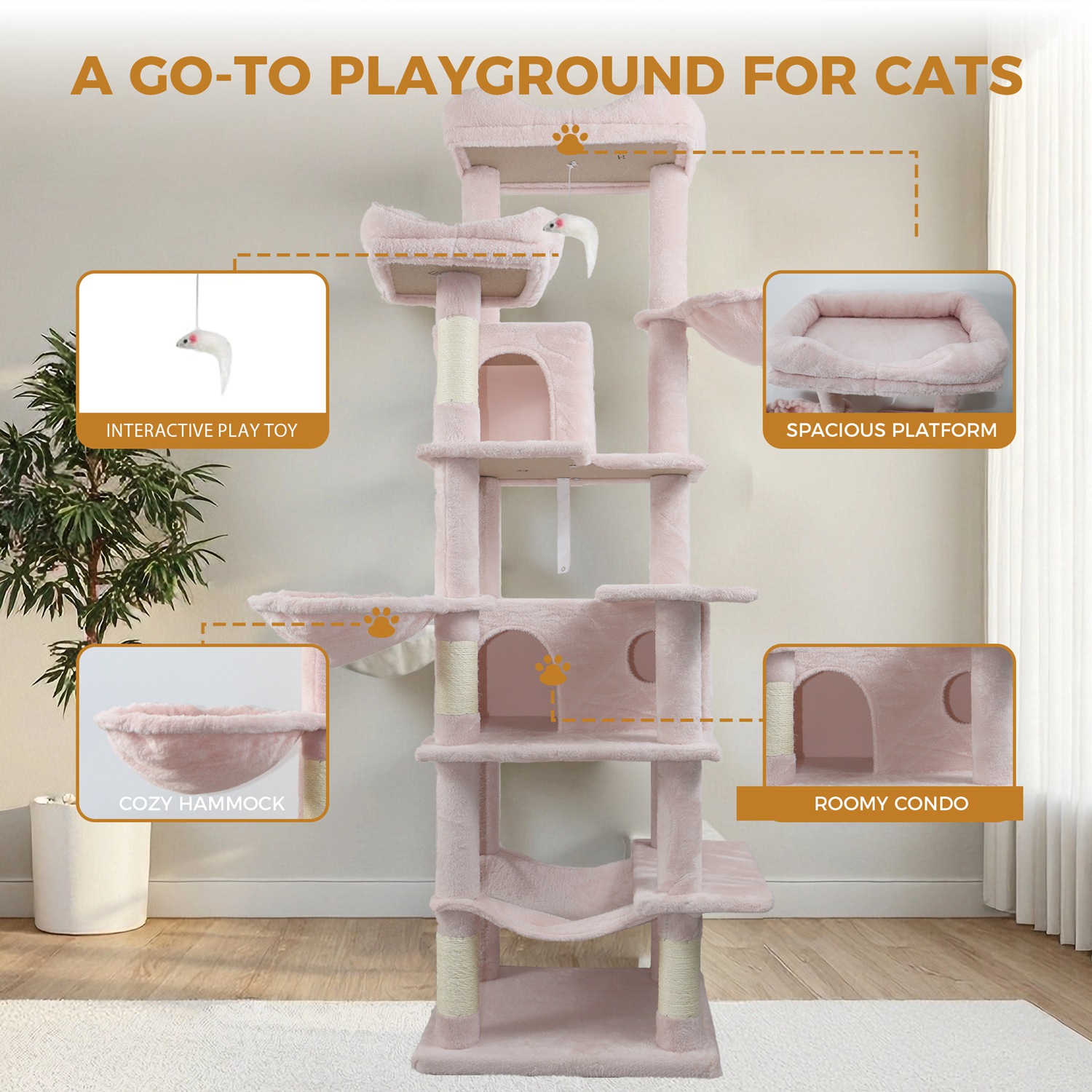 68in Multi-Level Cat Tree Tower with Hammocks, Cat Condo, Hanging Basket, Removable Cushions & Sisal Scratching Posts, Plush Cat Activity Center for I - Image 4