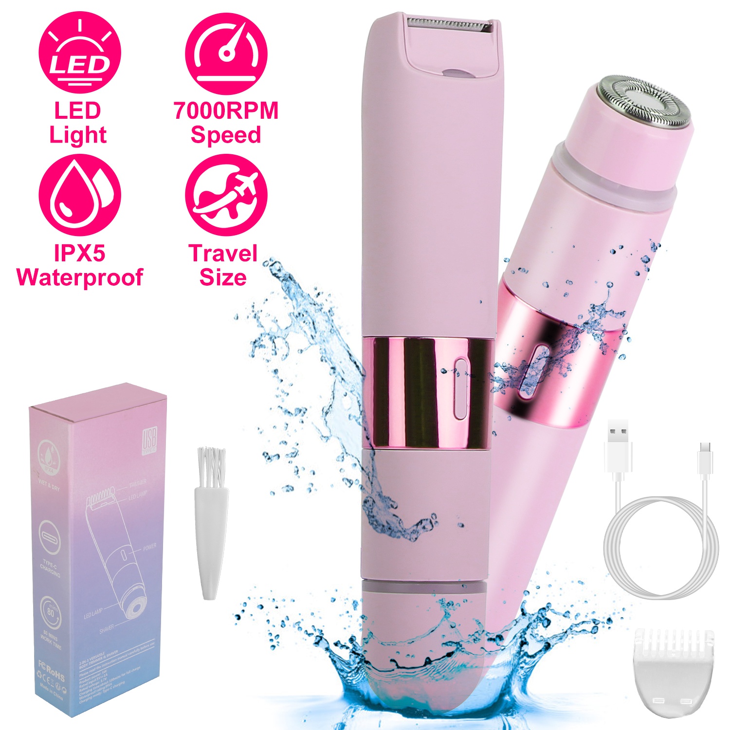 2 In 1 Bikini Trimmer for Women Dual Head Cordless Body Shaver IPX5 Waterproof Rechargeable Pubic Hair Razor Wet And Dry Use for Bikini Underarm Leg A - Image 2