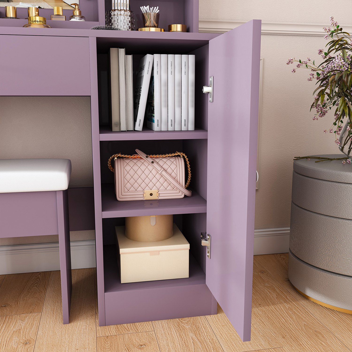 Purple Vanity Desk Set with Lighted Mirror & Padded Stool, Modern Makeup Vanity with 3 Color Modes & Round Bulbs, Bedroom Dressing Table Combo - Image 10
