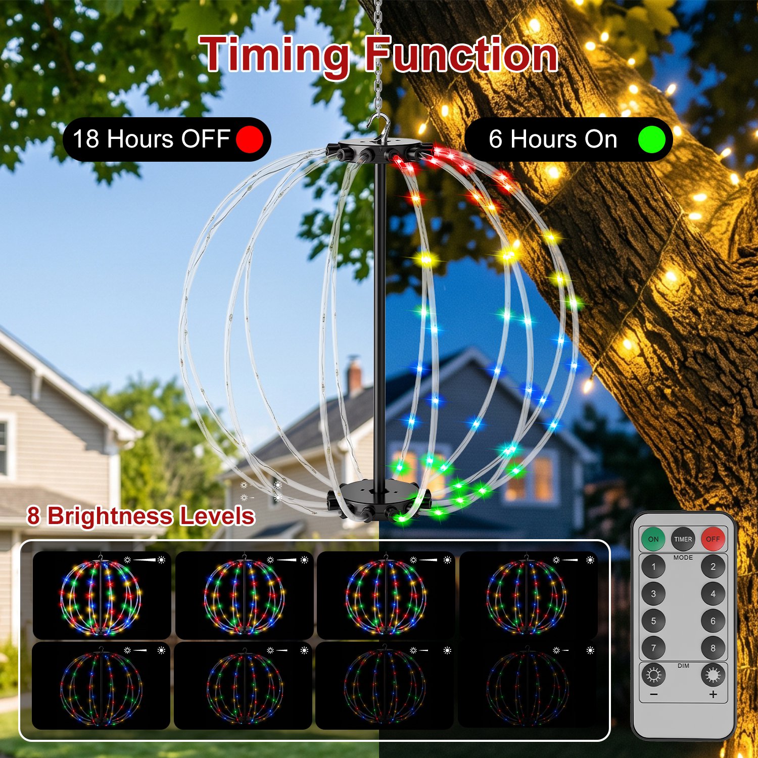 2 Pack Battery Operated Christmas Hanging Ball Lights RGB LED Christmas Sphere Lights 12in & 16in Size with Remote Control 8 Modes Timer for Outdoor G - Image 8