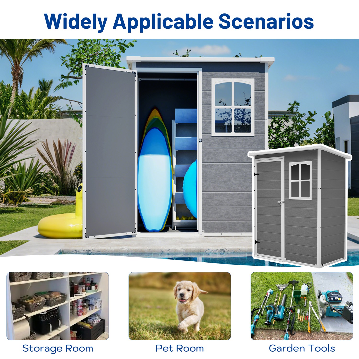 5x3FT Resin Outdoor Storage Shed with Floor Lockable Garden Shed with Window Sloped Roof Weather-Resistant Tool Shed for Garden Tools, Pet House and B - Image 3