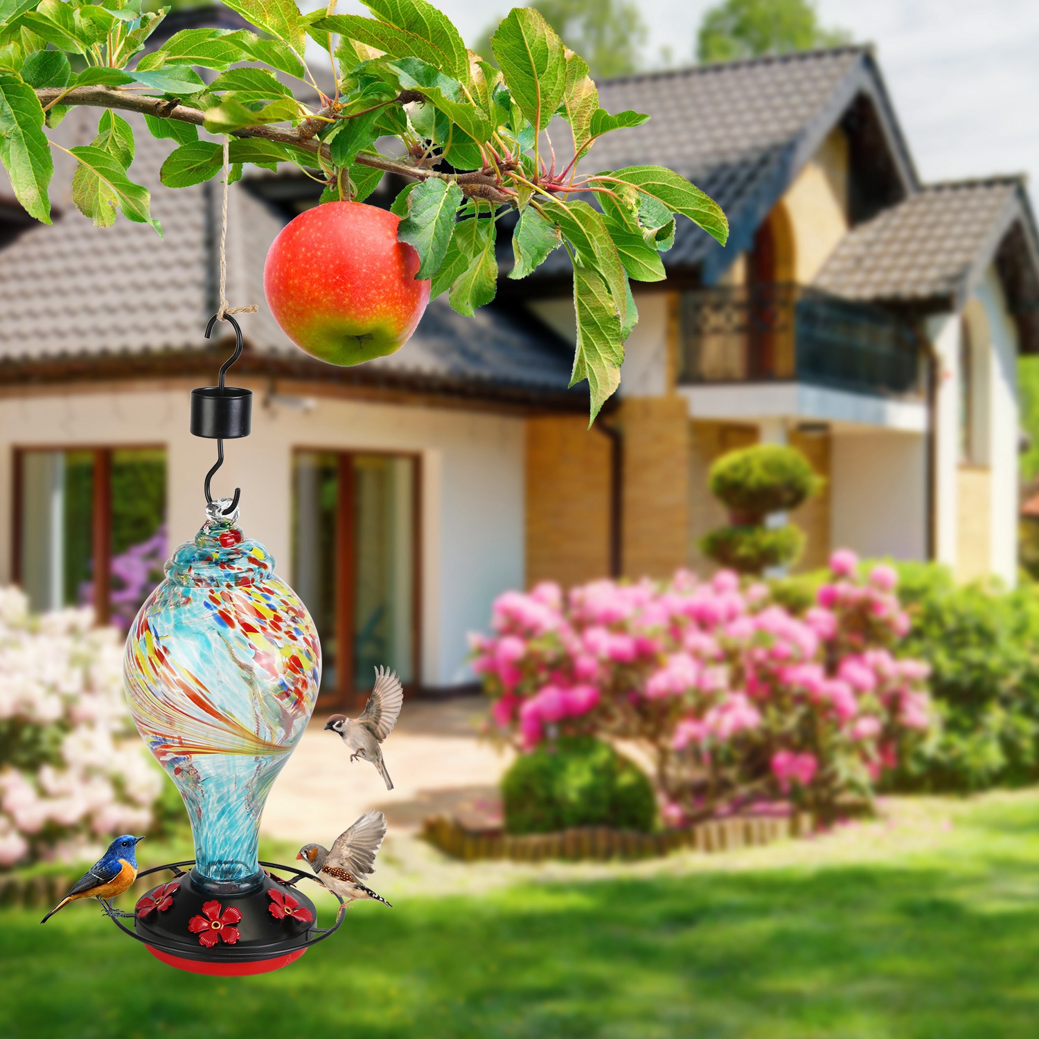 Glass Hummingbird Feeder 33OZ Hand Blown Hummingbird Feeder with 5 Flower Feeding Port Perch Ant Moat Hanging Hook S Hook Hemp Rope Cleaning Brush for - Image 4