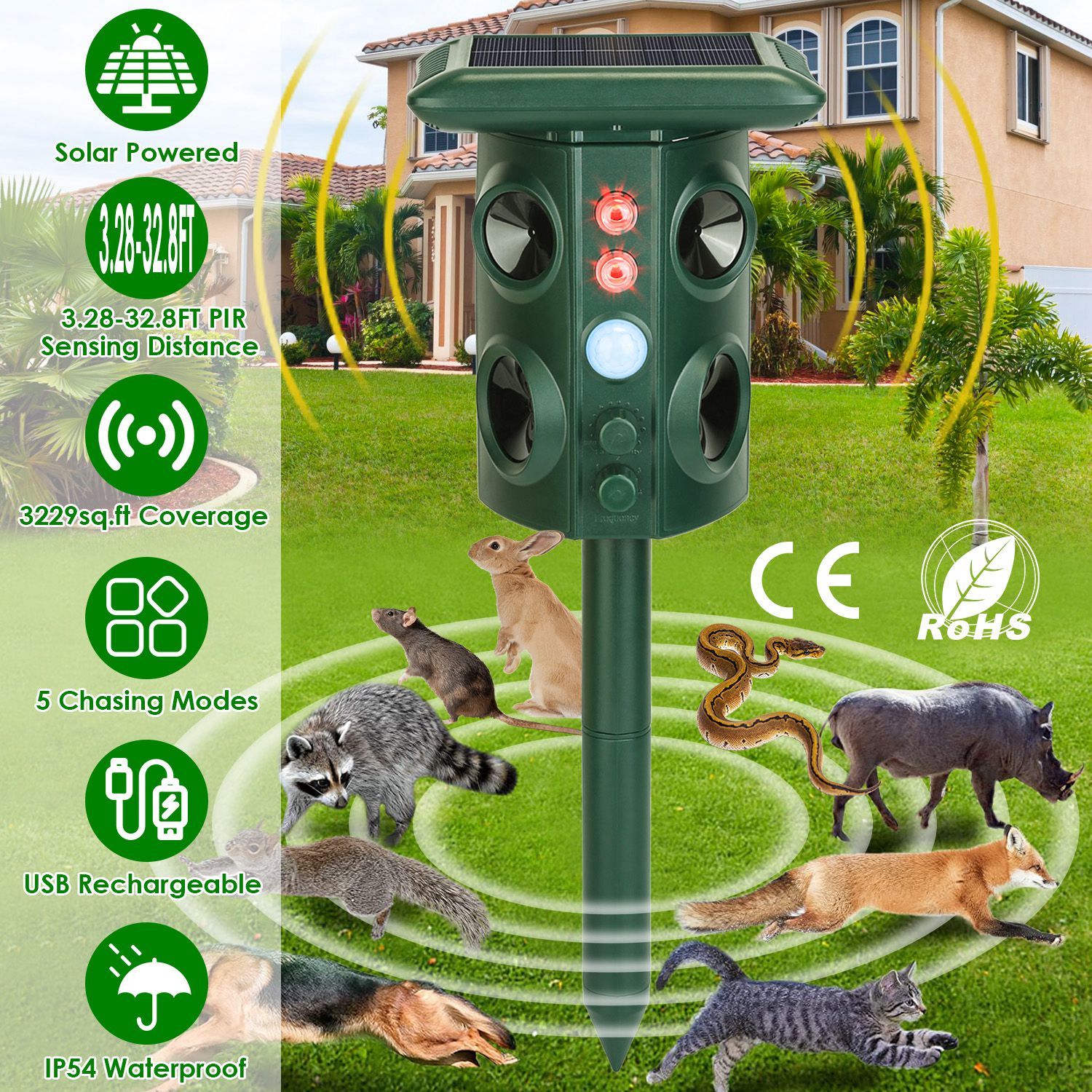 Solar Ultrasonic Animal Repeller Solar Powered Animal Repellent Chaser with PIR Motion Sensor IP54 Waterproof Sound Flashing Light for Deer Raccoon Sq - Image 2