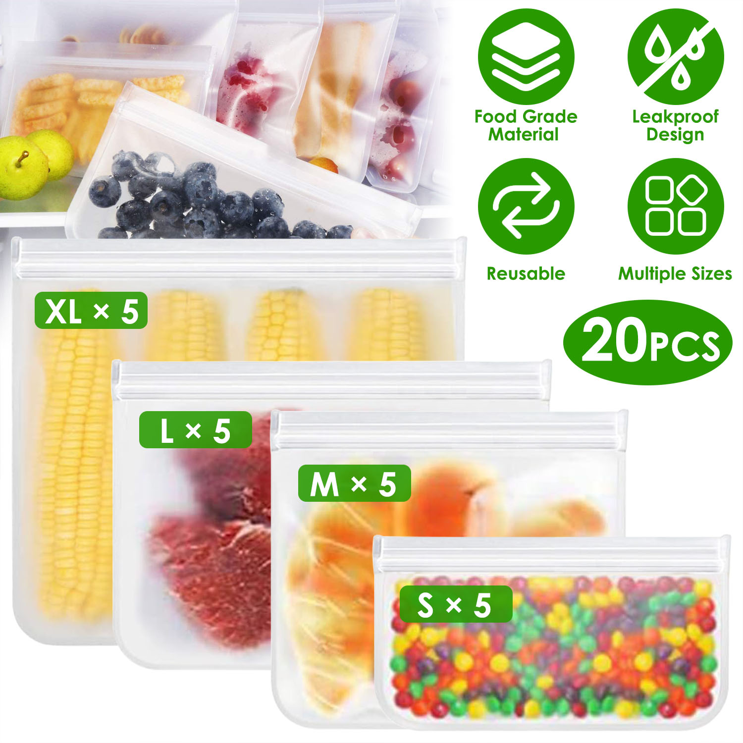 20Pcs Reusable Food Storage Bags 5 Sandwich Snack Gallon Quart Bag Leakproof BPA Free Food Container Freezer Safe Lunch Bag - Image 2