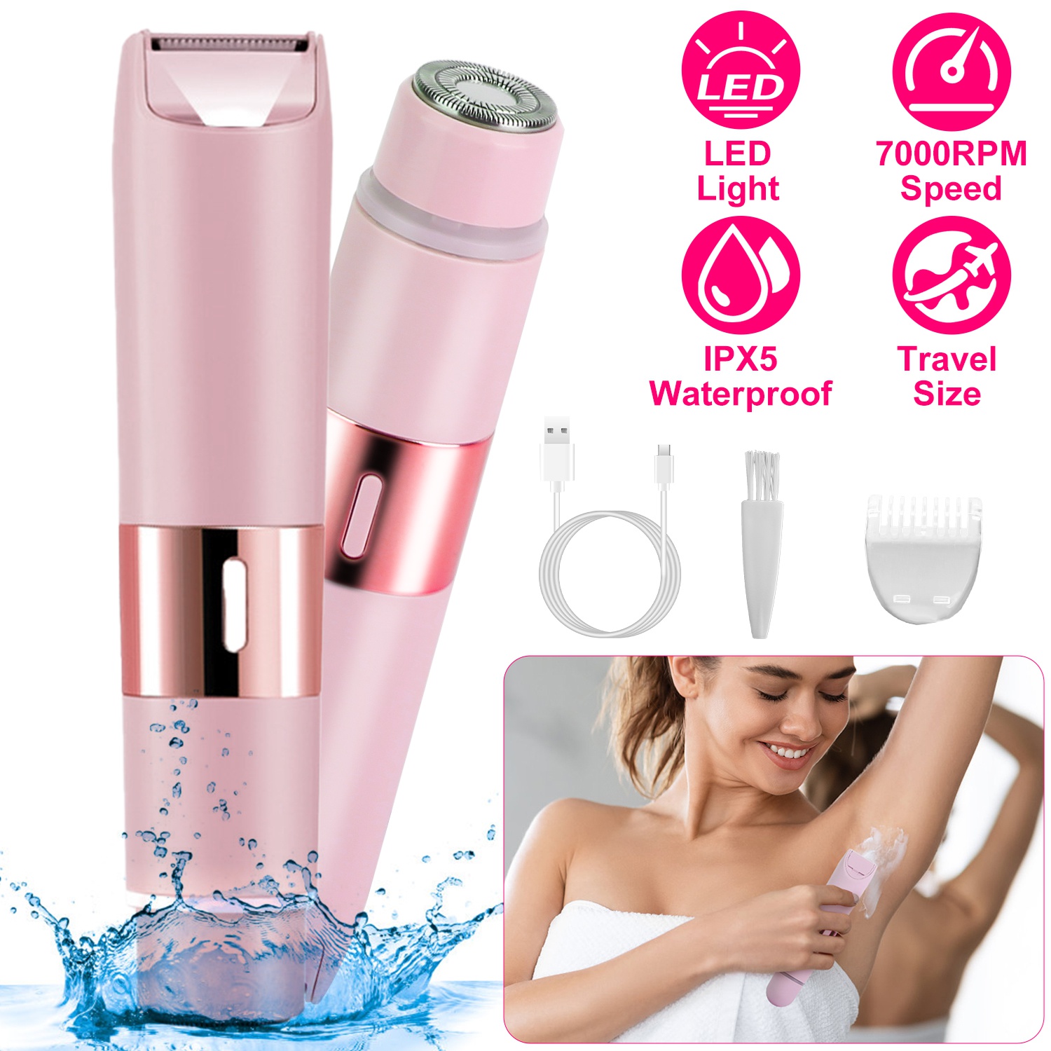 2 In 1 Bikini Trimmer for Women Dual Head Cordless Body Shaver IPX5 Waterproof Rechargeable Pubic Hair Razor Wet And Dry Use for Bikini Underarm Leg A - Image 4