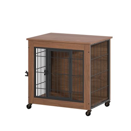 27.2" Dog Crate Furniture with Lockable Wheels Heavy Duty Wooden Dog Kennel with 2 Doors Steel Metal Pet Cage End Table Brown Indoor Dog House for Sma