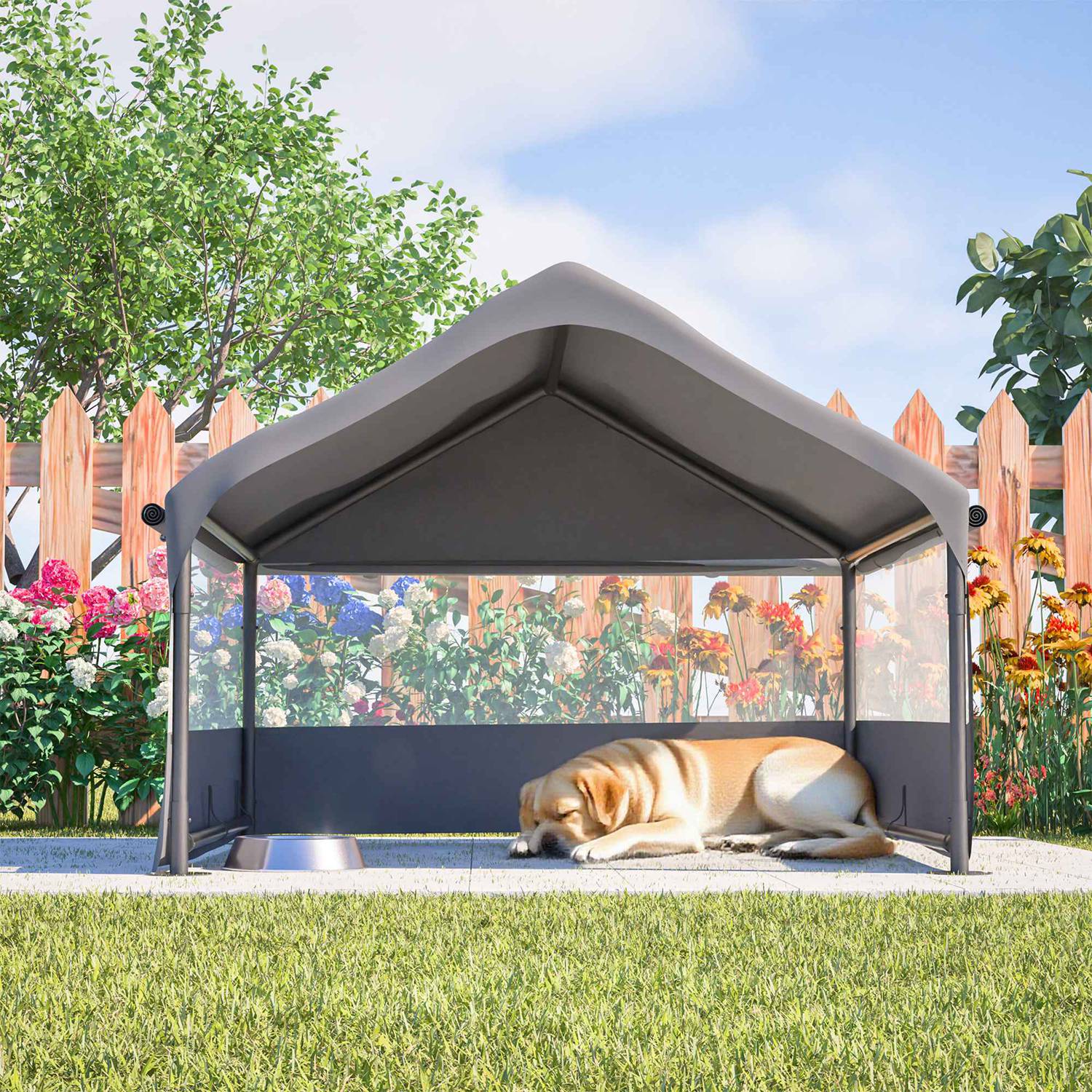 4'x4'x3' Extra Large Outdoor Dog House Tent Breathable Outdoor Enclosure with 3-Sided Roll-Up Mesh Windows Ground Stakes Storage Bag for Dogs, Cats - Image 3