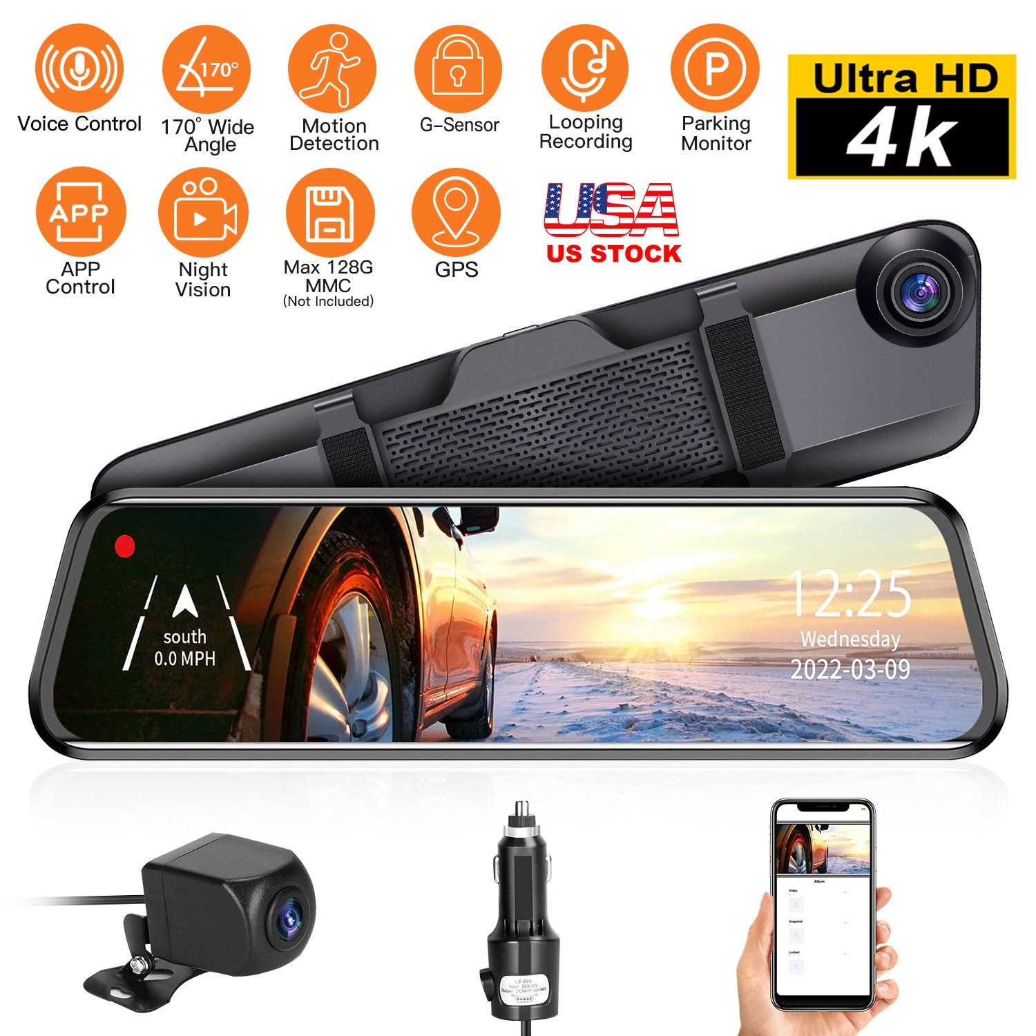 4K Car DVR 12in Dash Cam Camcorder Camera Recorder with 170° Angle Loop Recording Motion Detection Night Vision Voice Control APP Control G-sensor - Image 7