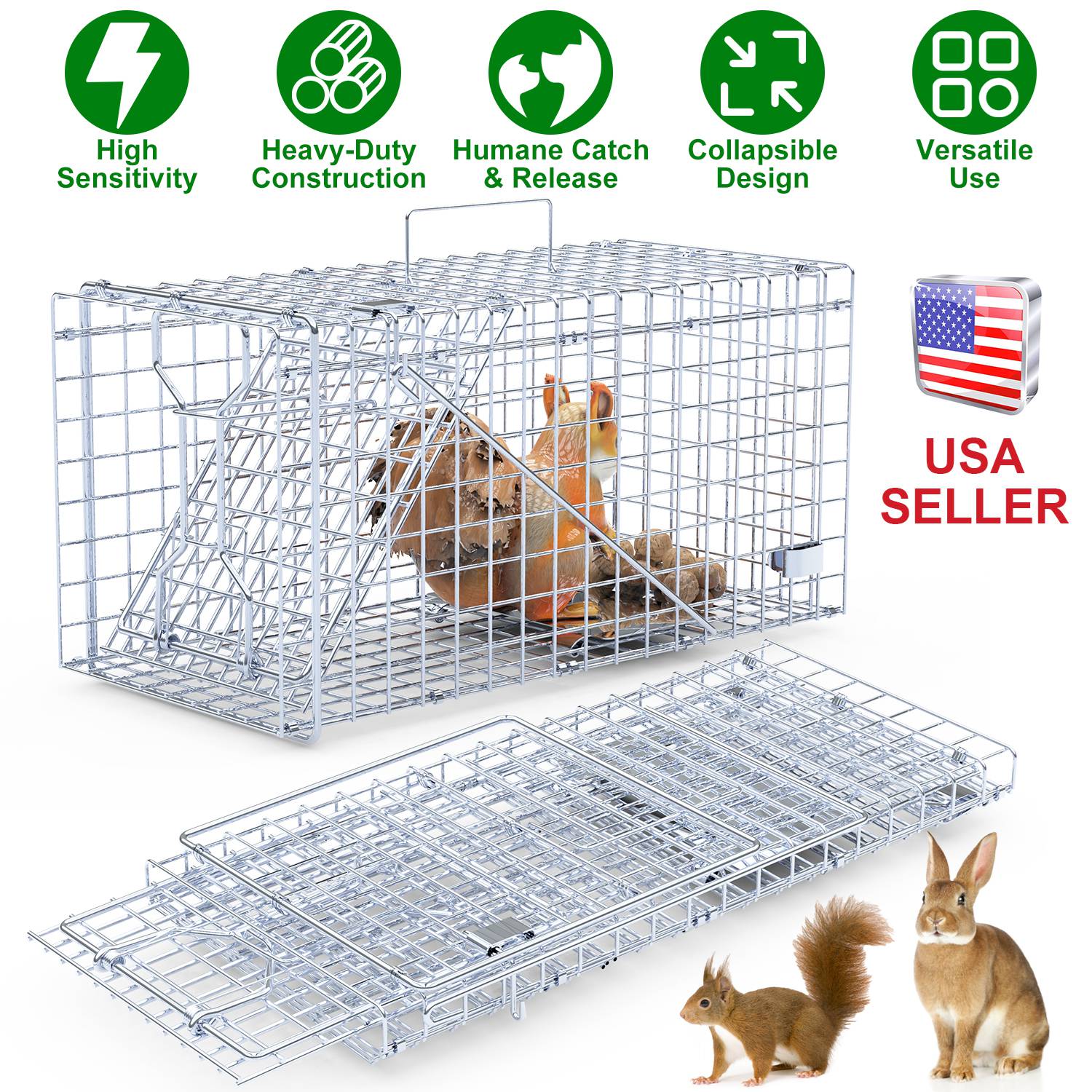 2Pcs 18x8x10In Humane Single Door Live Animal Trap Collapsible Galvanized Iron Animal Cage Catch And Release for Small Squirrel Raccoon Feral Cat Weas - Image 3