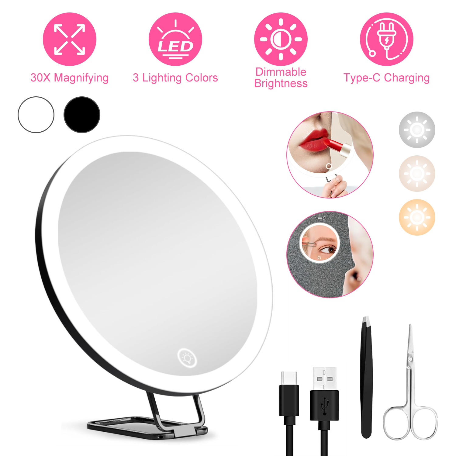 30X Magnifying Mirror With Light 3 Colors Dimmable Brightness Included Tweezer Scissor
Travel Magnifying Makeup Mirror with Suction Cup 360° Adjusta - Image 6