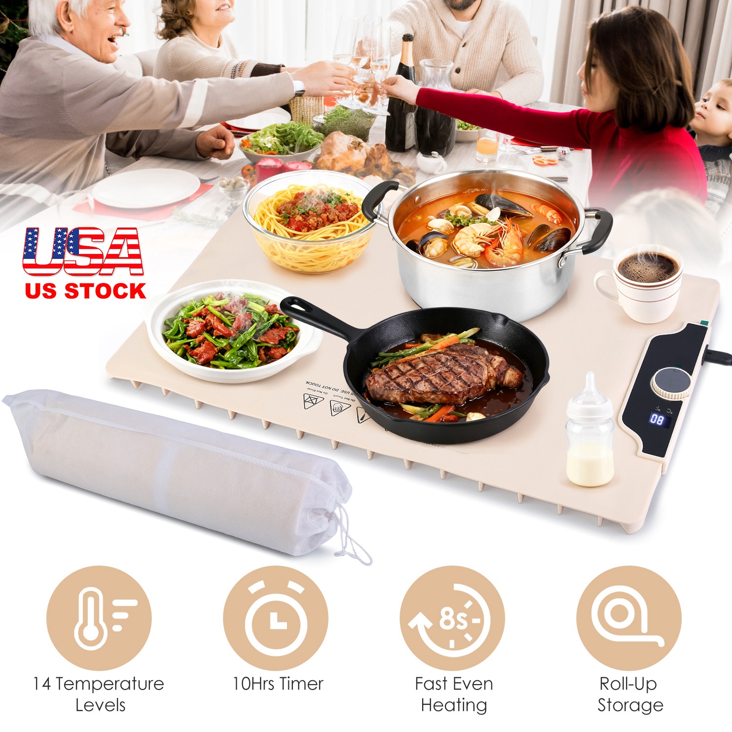 Food Warming Mat 23.6X15.8In 300W Fast Heating Electric Silicone Food Warmer With 14 Temp Levels 10Hrs Timer Settings Roll-Up Portable Hot Plates Heat - Image 5