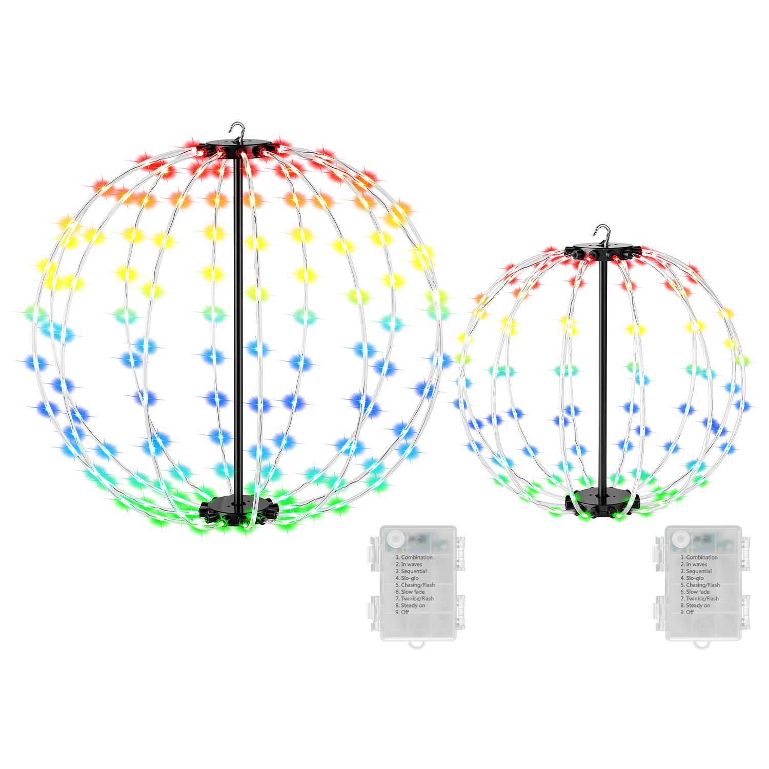 2 Pack Battery Operated Christmas Hanging Ball Lights RGB LED Christmas Sphere Lights 12in & 16in Size with Remote Control 8 Modes Timer for Outdoor G - Image 3