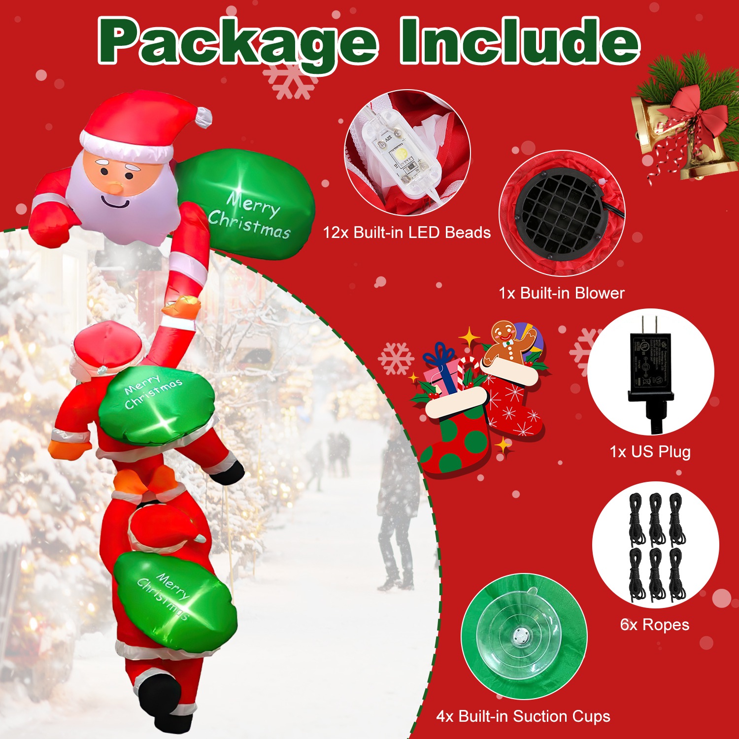 8FT Climbing Inflatable Santa Claus with Light Hanging Blow Up Christmas Inflatable Indoor Outdoor Christmas Decorations 3 Santa Claus 3 Merry Christm - Image 10