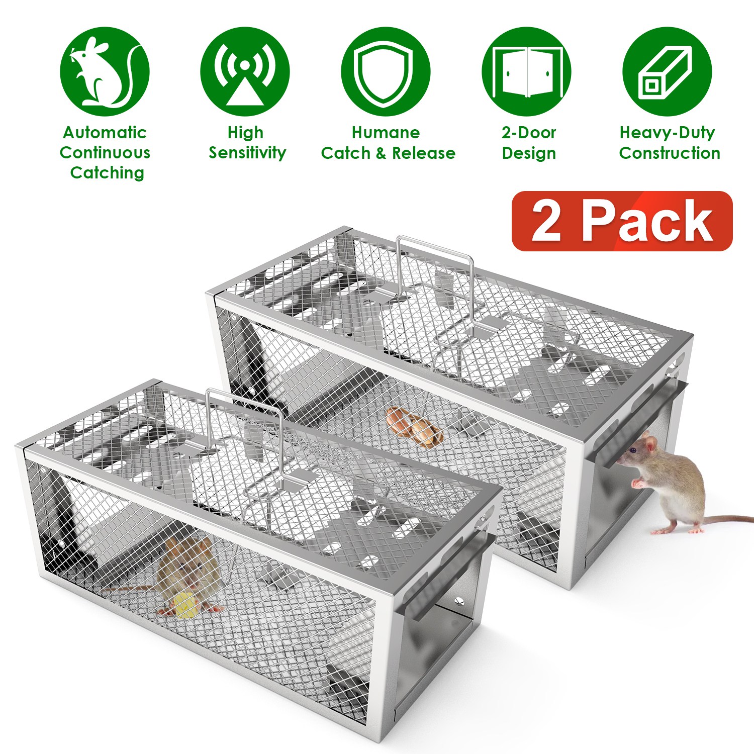 2Pack 11.81x5.63x4.45In 2-Door Humane Rat Trap Automatic Continuous Mouse Trap Reusable Galvanized Iron Live Animal Cage - Image 4