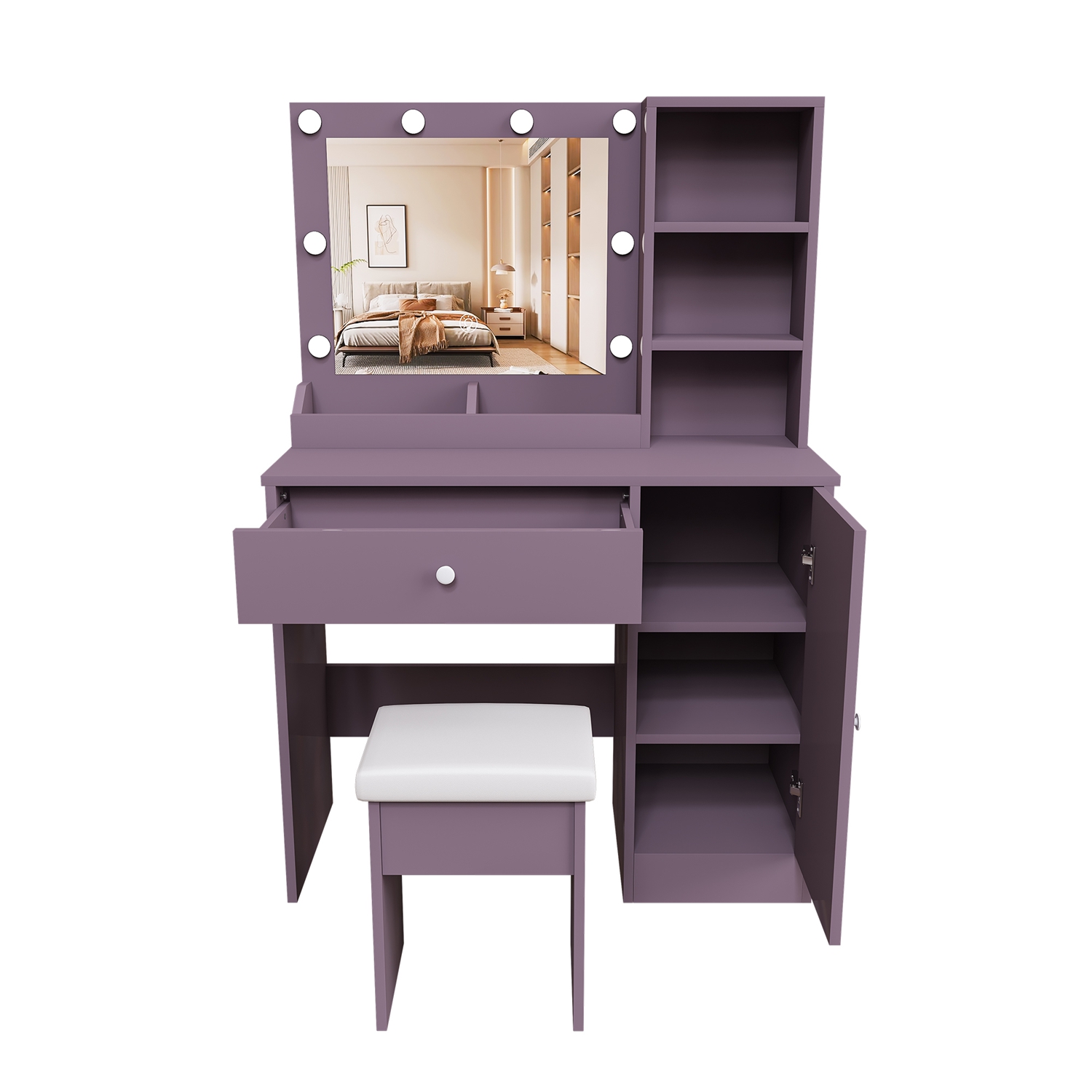 Purple Vanity Desk Set with Lighted Mirror & Padded Stool, Modern Makeup Vanity with 3 Color Modes & Round Bulbs, Bedroom Dressing Table Combo - Image 3
