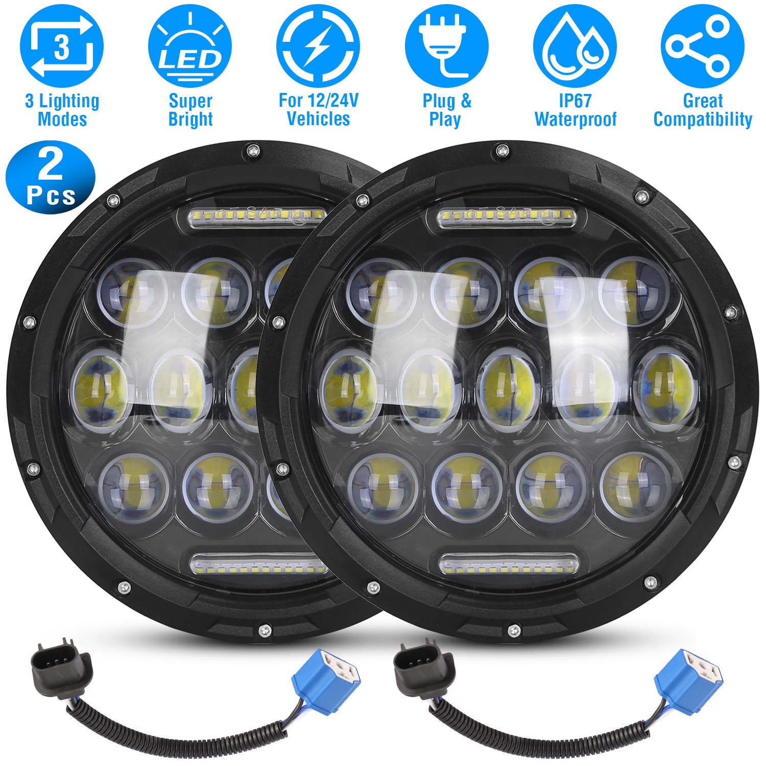 2Pcs 7In 75W Round LED Headlight 3800LM Halo Car Headlamp with DRL High Low Beam for Jeep Wrangler TJ JK CJ with H4 to H13 Adapters Plug and Play - Image 4