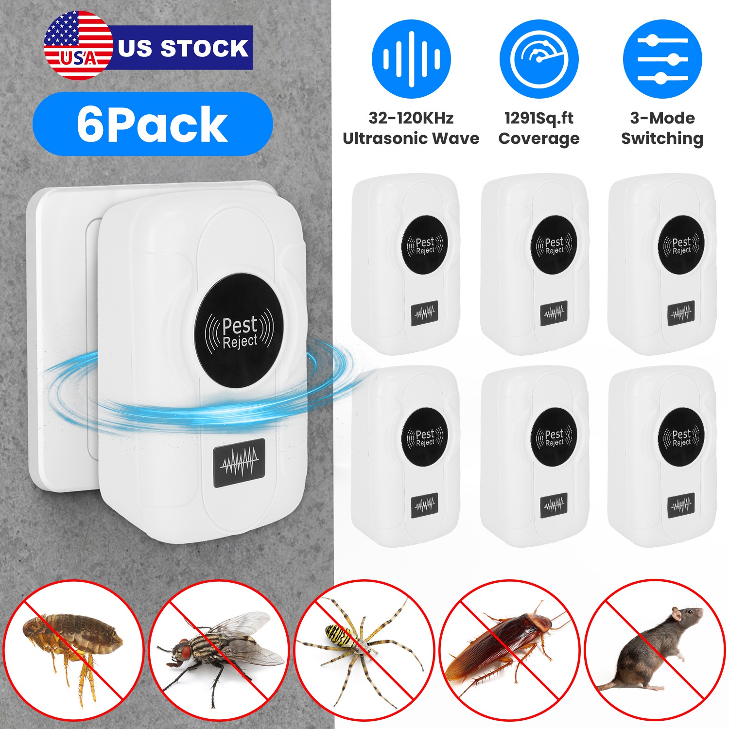 6 Pack 32-120KHz Ultrasonic Insect Repellent Indoor Plug In Bug Repellent Mosquito Roaches Mice Control with 3 Modes for Bedroom Garage Warehouse Offi - Image 7