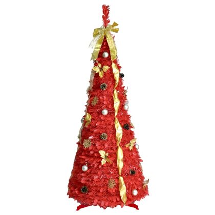 6FT Red Pre-Lit Pop-Up Christmas Tree with 150 Warm White LED Ribbons Bow Flowers Snowflakes Pine Cones Red Ornaments Collapsible Artificial Christmas