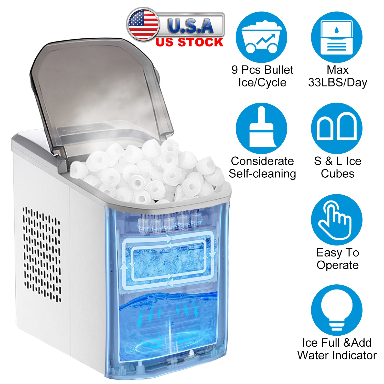 Electric Countertop Ice Maker with Ice Scoop Basket Self-cleaning Max 33LBS/24Hrs Ice Making Machine Bullet Ice Machine for Home Kitchen Office Party - Image 6