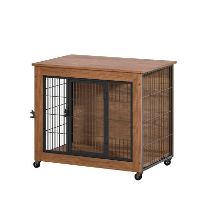 32.5" Dog Crate Furniture with Lockable Wheels Heavy Duty Wooden Dog Kennel with 2 Doors Steel Metal Pet Cage End Table Brown Indoor Dog House for Sma