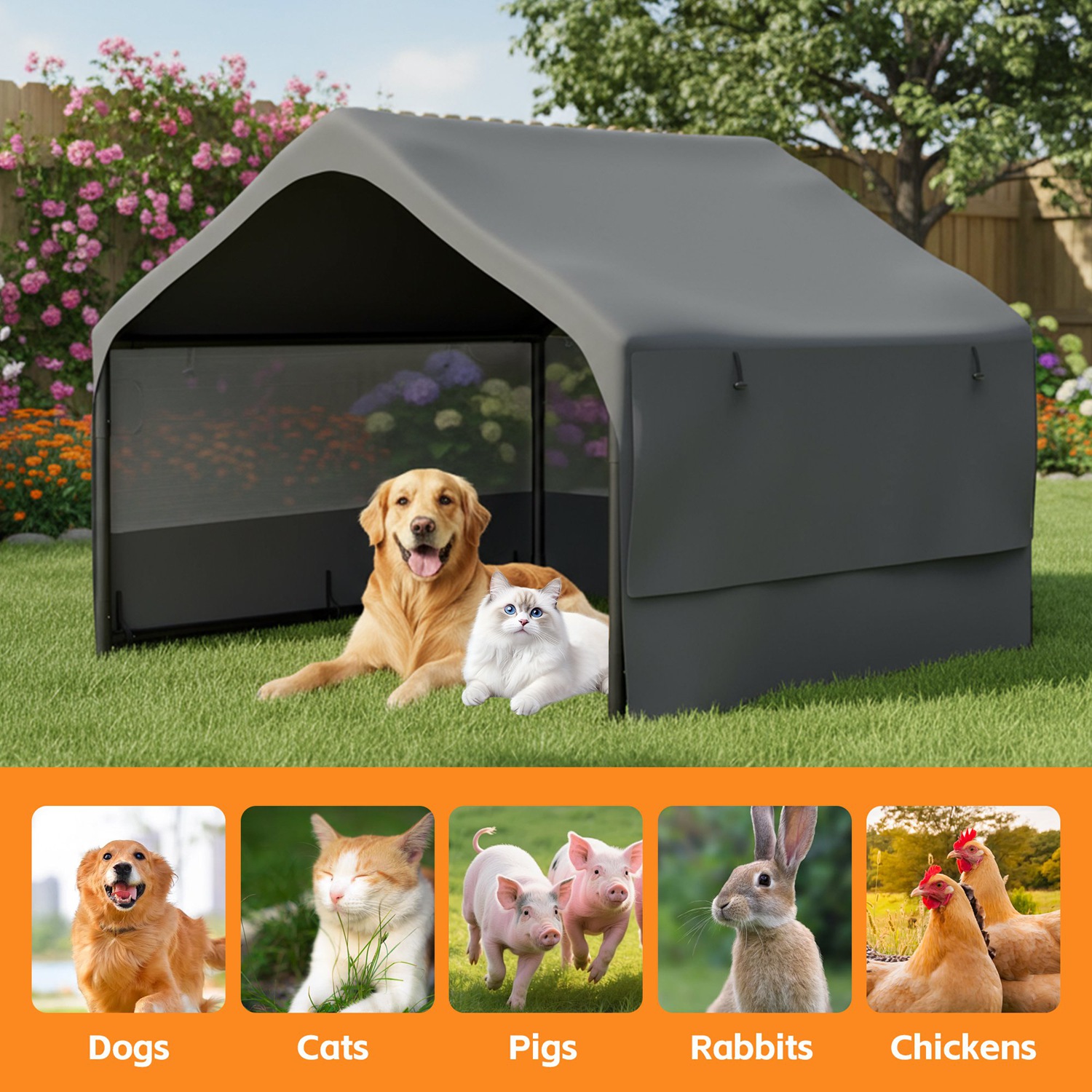 4'x4'x3' Extra Large Outdoor Dog House Tent Breathable Outdoor Enclosure with 3-Sided Roll-Up Mesh Windows Ground Stakes Storage Bag for Dogs, Cats - Image 6