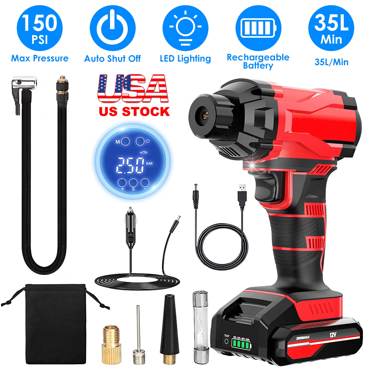 150PSI Cordless Car Tire Pump Rechargeable Tire Inflator 12V Portable Electric Air Compressor with LED Light for Car Bike Motorcycle Ball - Image 6