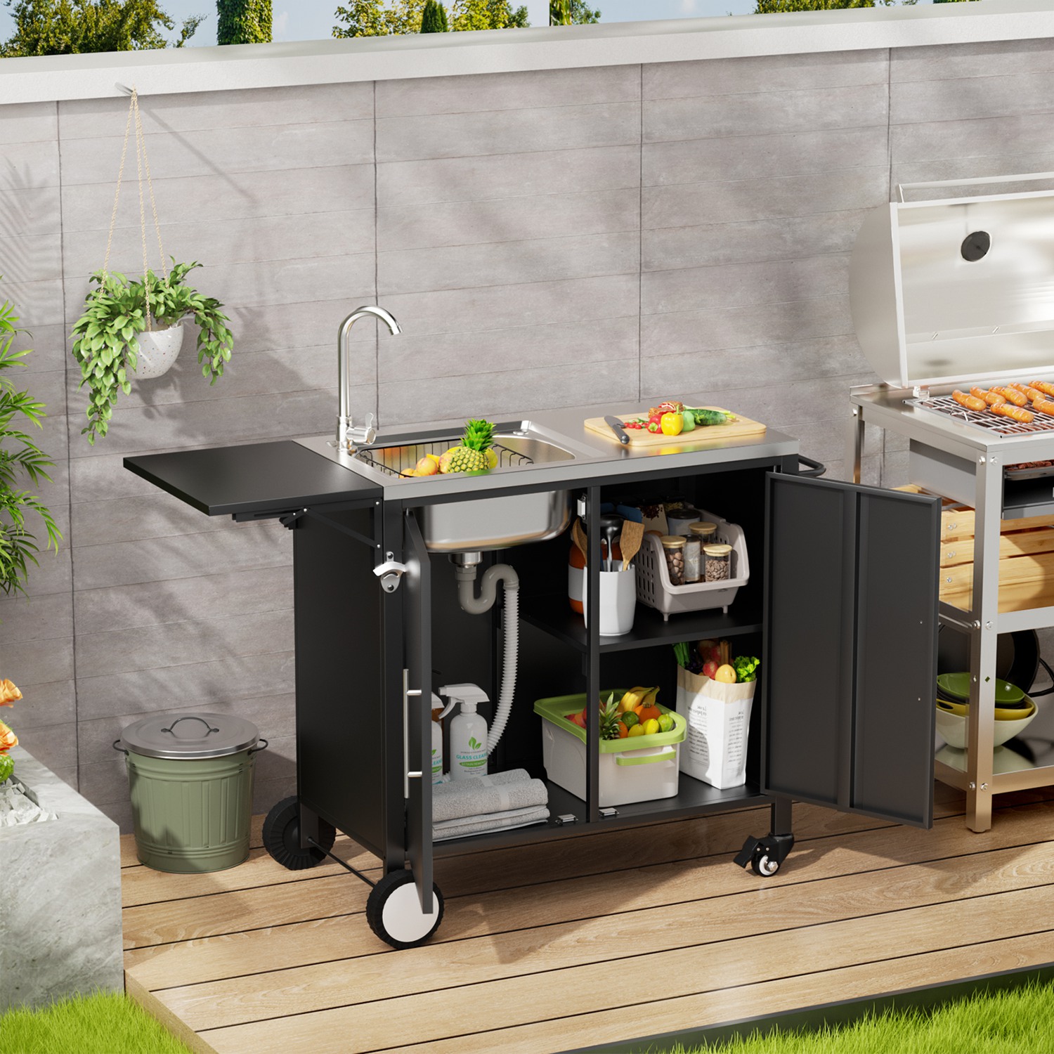 Outdoor Grill Cart with Storage Outdoor Grill Table with Sink Wheels Fold-Down Side Table for Patio Backyard BBQ - Image 8