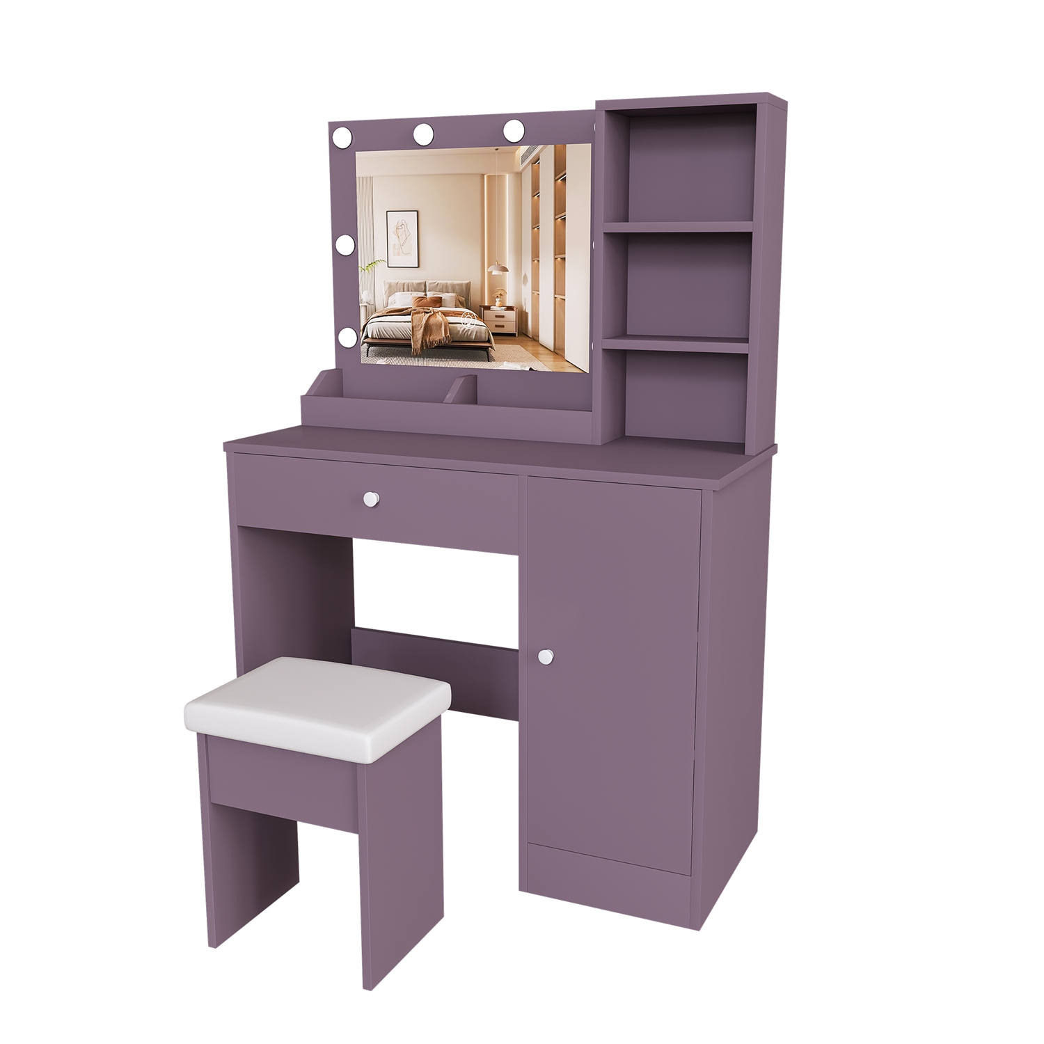 Purple Vanity Desk Set with Lighted Mirror & Padded Stool, Modern Makeup Vanity with 3 Color Modes & Round Bulbs, Bedroom Dressing Table Combo - Image 2