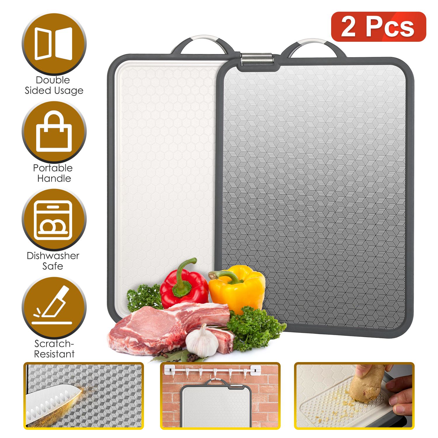2Pcs Double Sided Cutting Board Stainless Steel PP Chopping Board Lightweight Kitchen Cutting Board Mesh Design with Grinding Zone Knife Sharpener Han - Image 4
