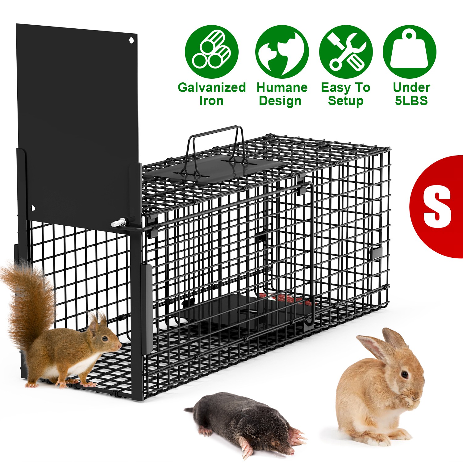26in Single Door Live Animal Cage Trap For Animals Under 5LBS Easy To Setup Humane Galvanized Iron Trap Cage For Small Cats Rabbits Squirrels Moles Ch - Image 2