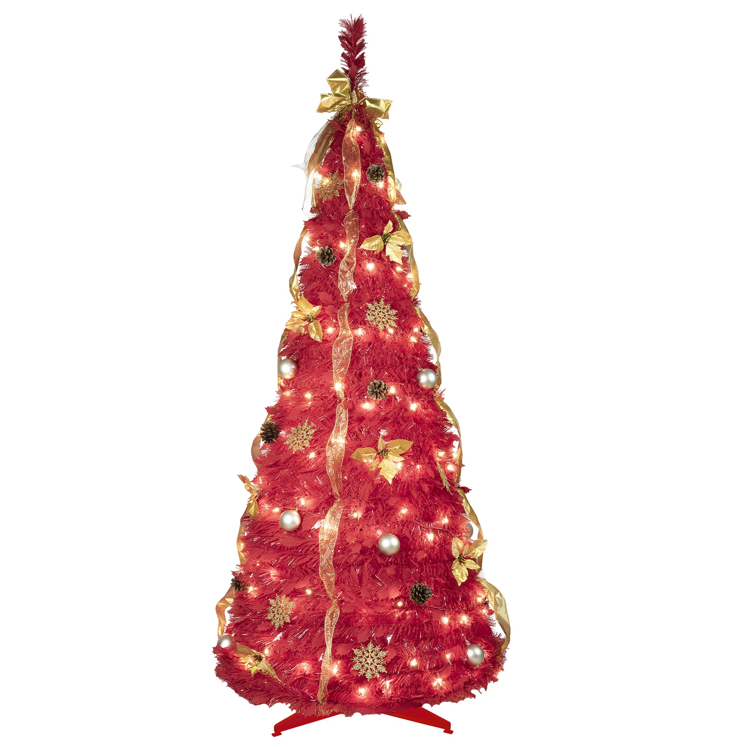 6FT Red Pre-Lit Pop-Up Christmas Tree with 150 Warm White LED Ribbons Bow Flowers Snowflakes Pine Cones Red Ornaments Collapsible Artificial Christmas - Image 9