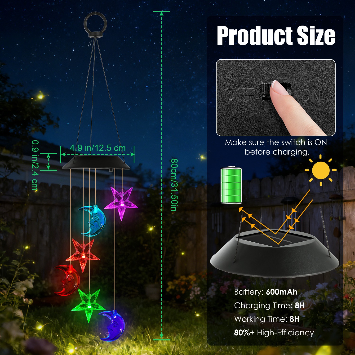 2Pack Solar Moon and Star Wind Chimes 7 Color Changing Wind Chimes for Outside IPX4 Waterproof Outdoor Garden Yard Decor - Image 7