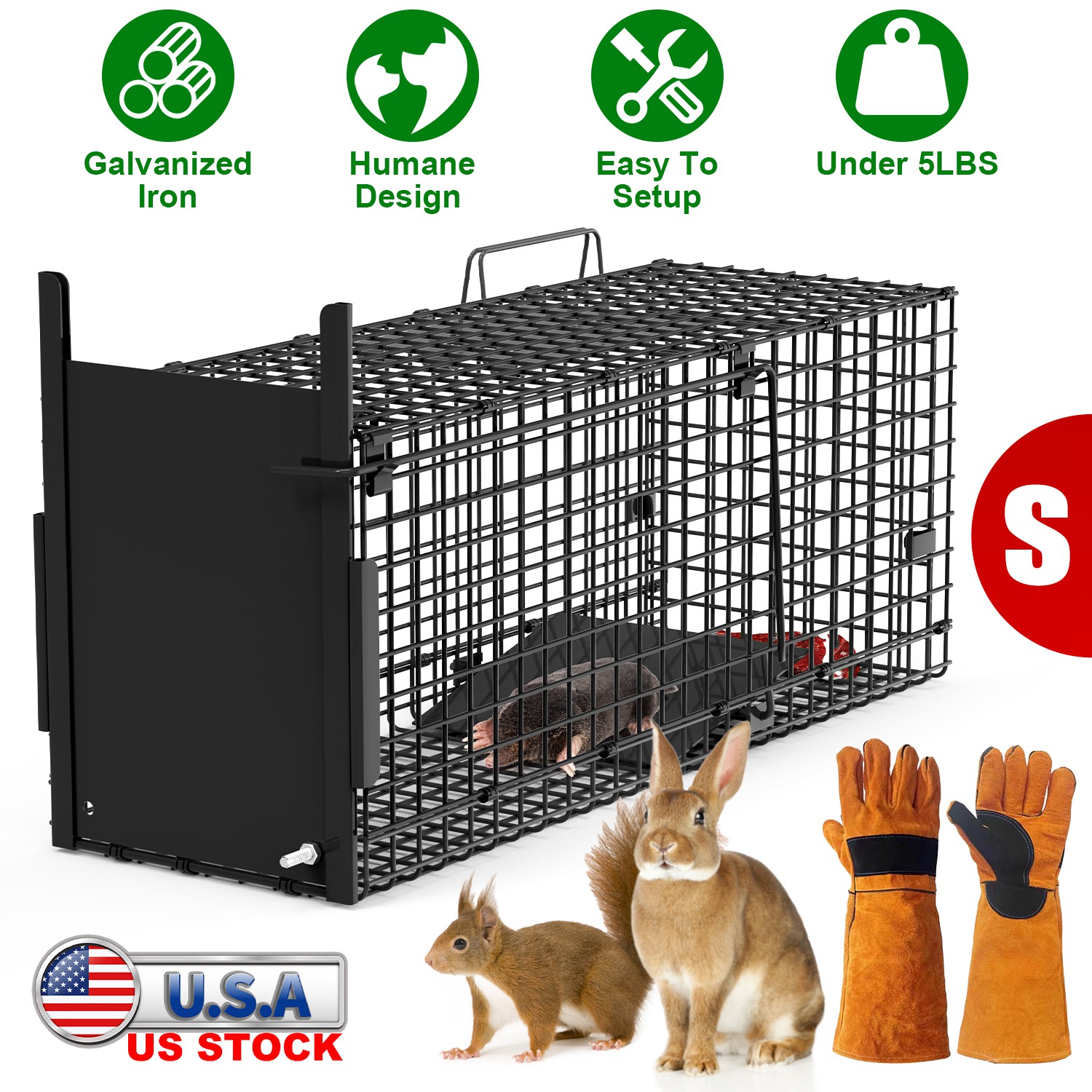 26in Single Door Live Animal Cage Trap For Animals Under 5LBS Easy To Setup Humane Galvanized Iron Trap Cage For Small Cats Rabbits Squirrels Moles Ch - Image 5
