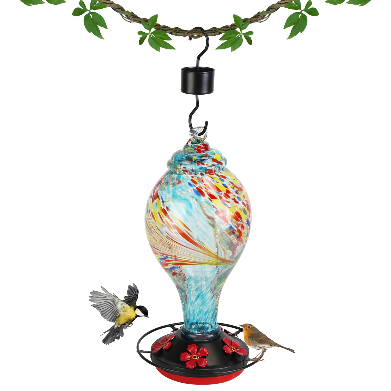 Glass Hummingbird Feeder 33OZ Hand Blown Hummingbird Feeder with 5 Flower Feeding Port Perch Ant Moat Hanging Hook S Hook Hemp Rope Cleaning Brush for - Image 6