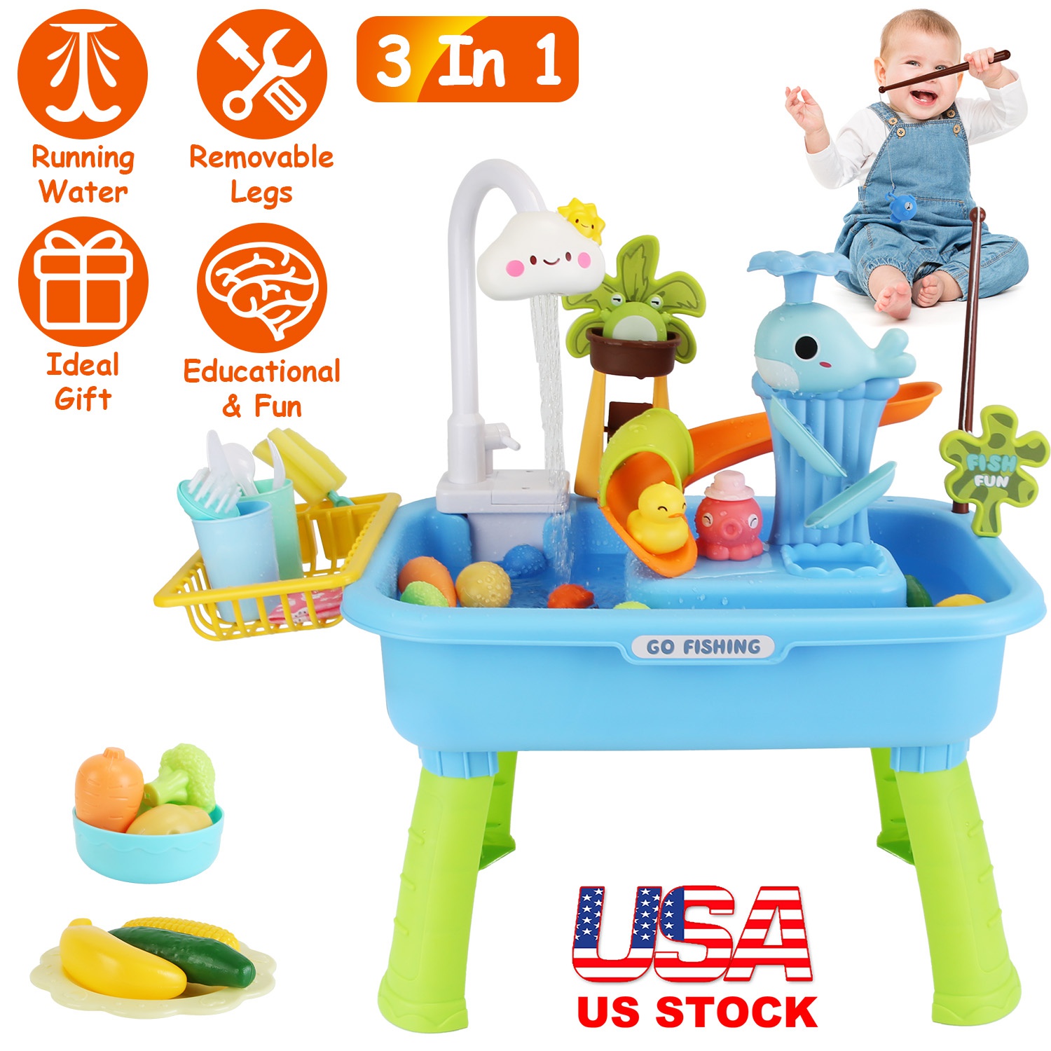 3 In 1 Kitchen Sink Toy with Electric Faucet Water Table Fishing Game Role Play Sink Set Indoor Outdoor for Kids Aged 3+ Years Old - Image 7