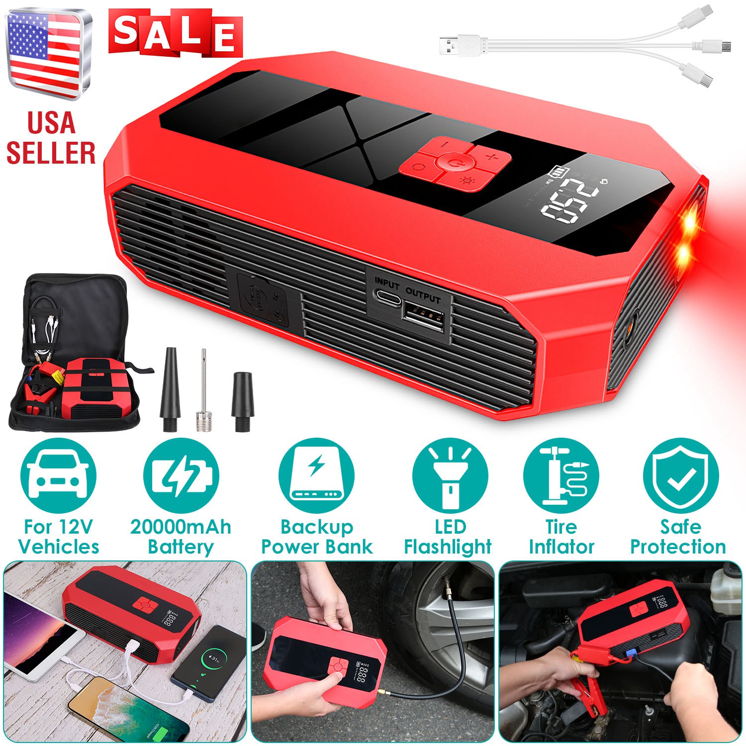 Portable Car Jump Starter Air Compressor 1500A 400PSI Car Battery Charger Jump Starter Power Bank LED Flashlight Digital Tire Inflator for 4.0L Gasoli - Image 5