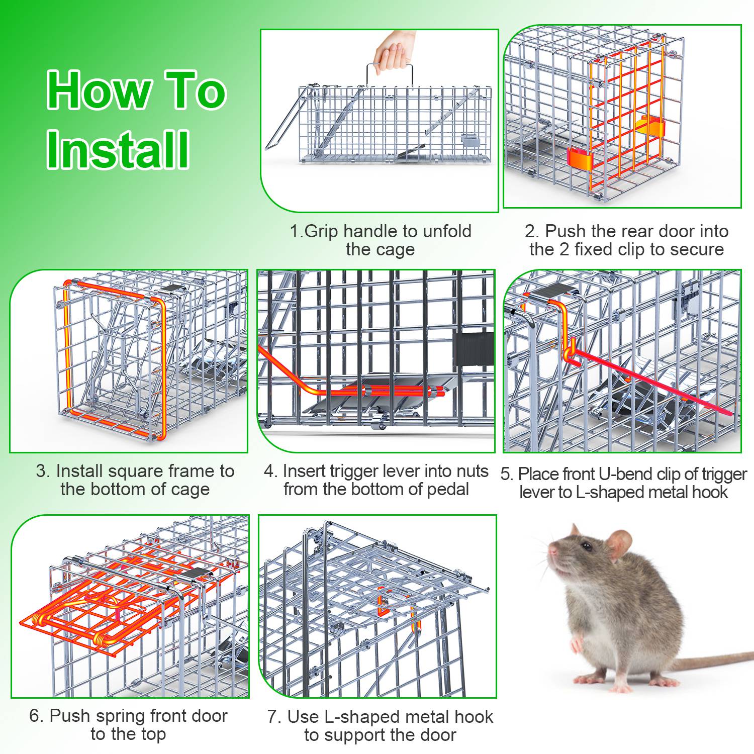 2Pcs Foldable Rat Trap Cage Humane Live Rodent Trap Cage Galvanized Iron Mice Mouse Control Bait Catch with Detachable L Shaped Rod For Kitchen Garden - Image 10
