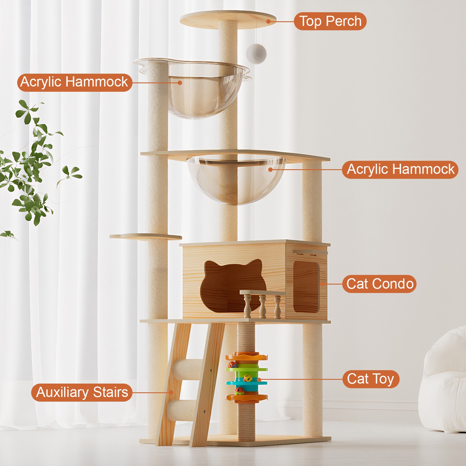59" Modern Cat Tower for Indoor Cats Wooden Cat Tree with Dual Acrylic Capsules Cat Condo Sisal Scratching Posts Top Perch & Auxiliary Stairs Multi-Le - Image 5