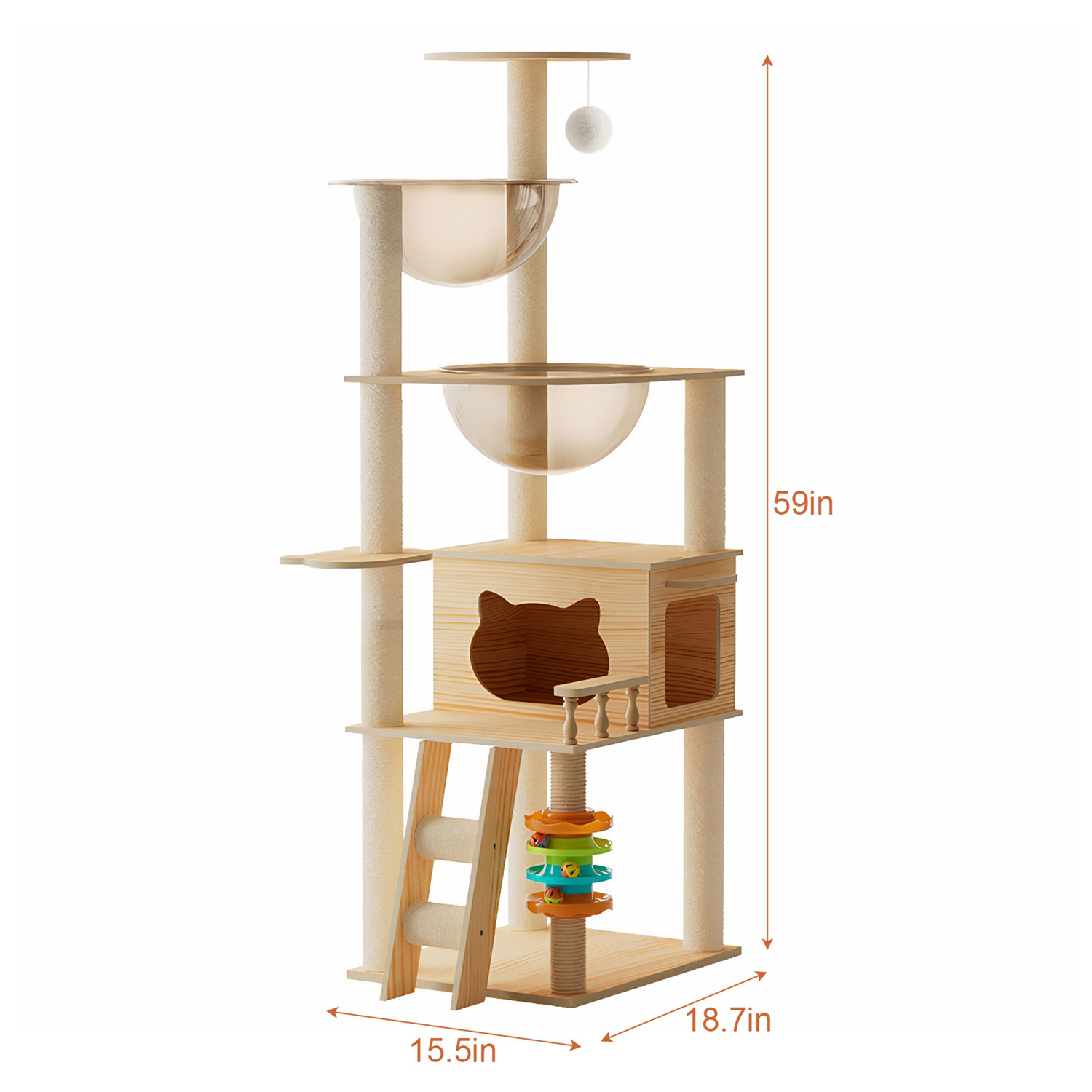 59" Modern Cat Tower for Indoor Cats Wooden Cat Tree with Dual Acrylic Capsules Cat Condo Sisal Scratching Posts Top Perch & Auxiliary Stairs Multi-Le - Image 4