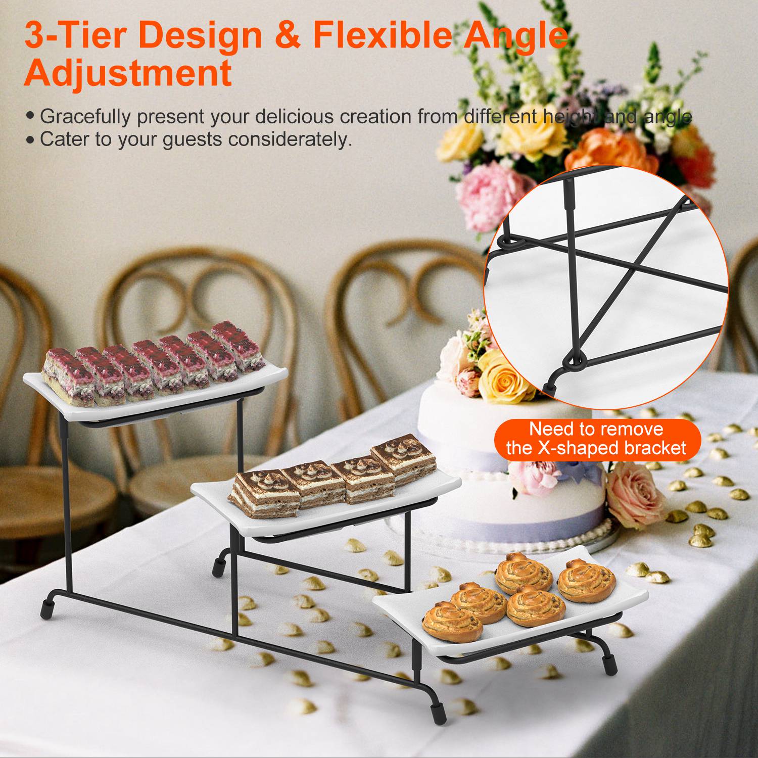 3-Tier Plastic Serving Tray Dessert Server Display Serving Stand Dinnerware with 3 Rectangular Plastic Serving Platters Metal Stand for Entertaining F - Image 7