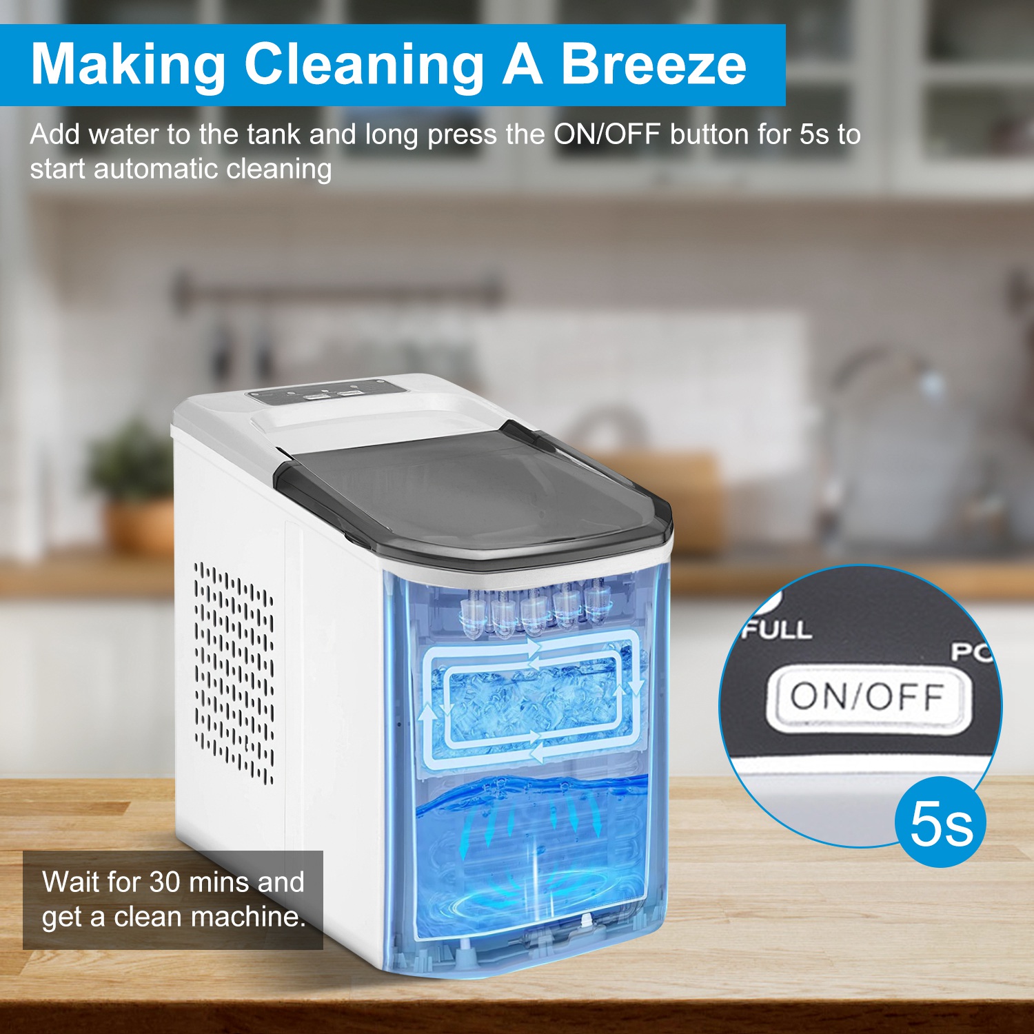 Electric Countertop Ice Maker with Ice Scoop Basket Self-cleaning Max 33LBS/24Hrs Ice Making Machine Bullet Ice Machine for Home Kitchen Office Party - Image 9