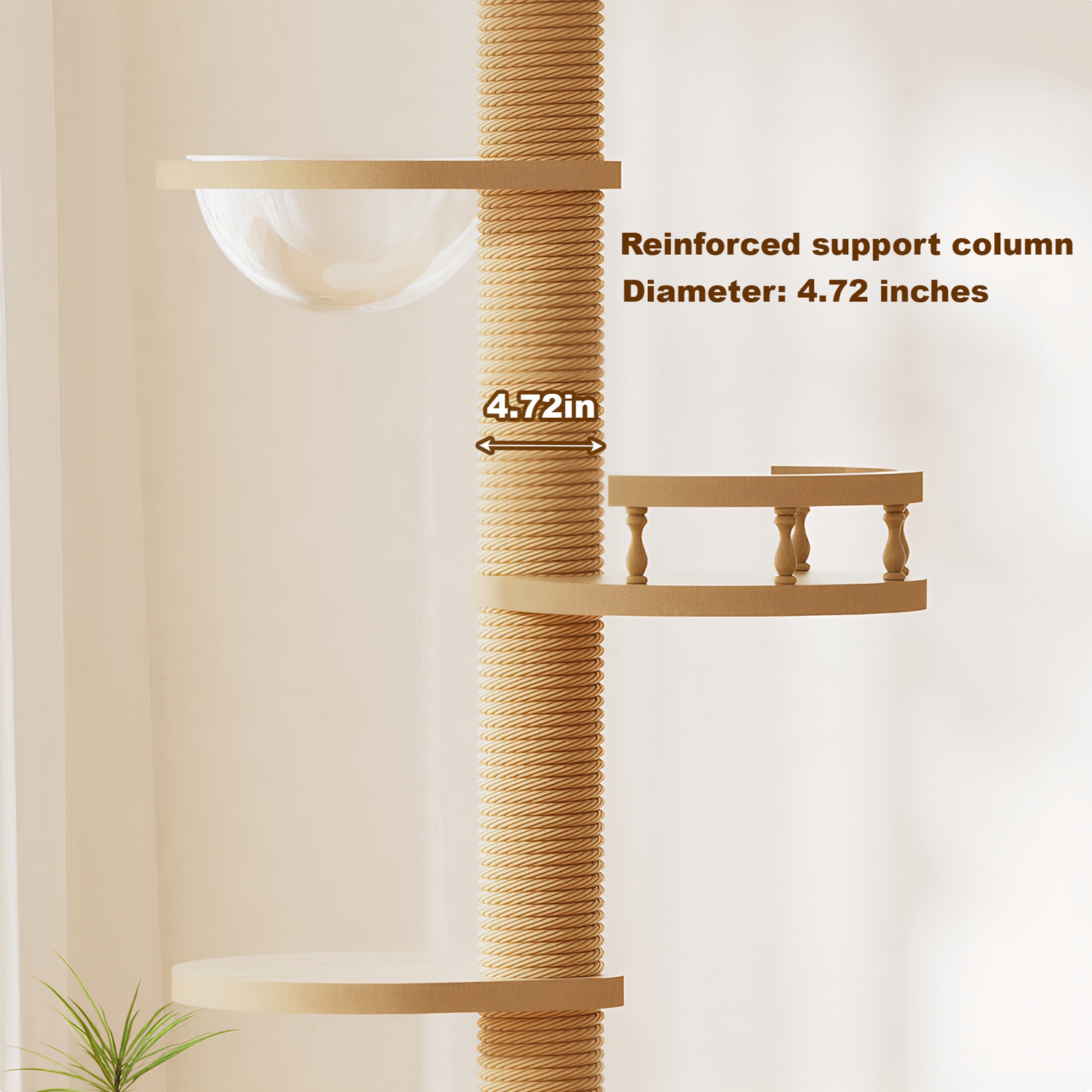 Floor to Ceiling Cat Tree, Adjustable Height Wooden Cat Tower with Cat Condo, Acrylic Hammock, Sisal Scratching Post & Cat Toy, Natural Floor-to-Ceili - Image 9