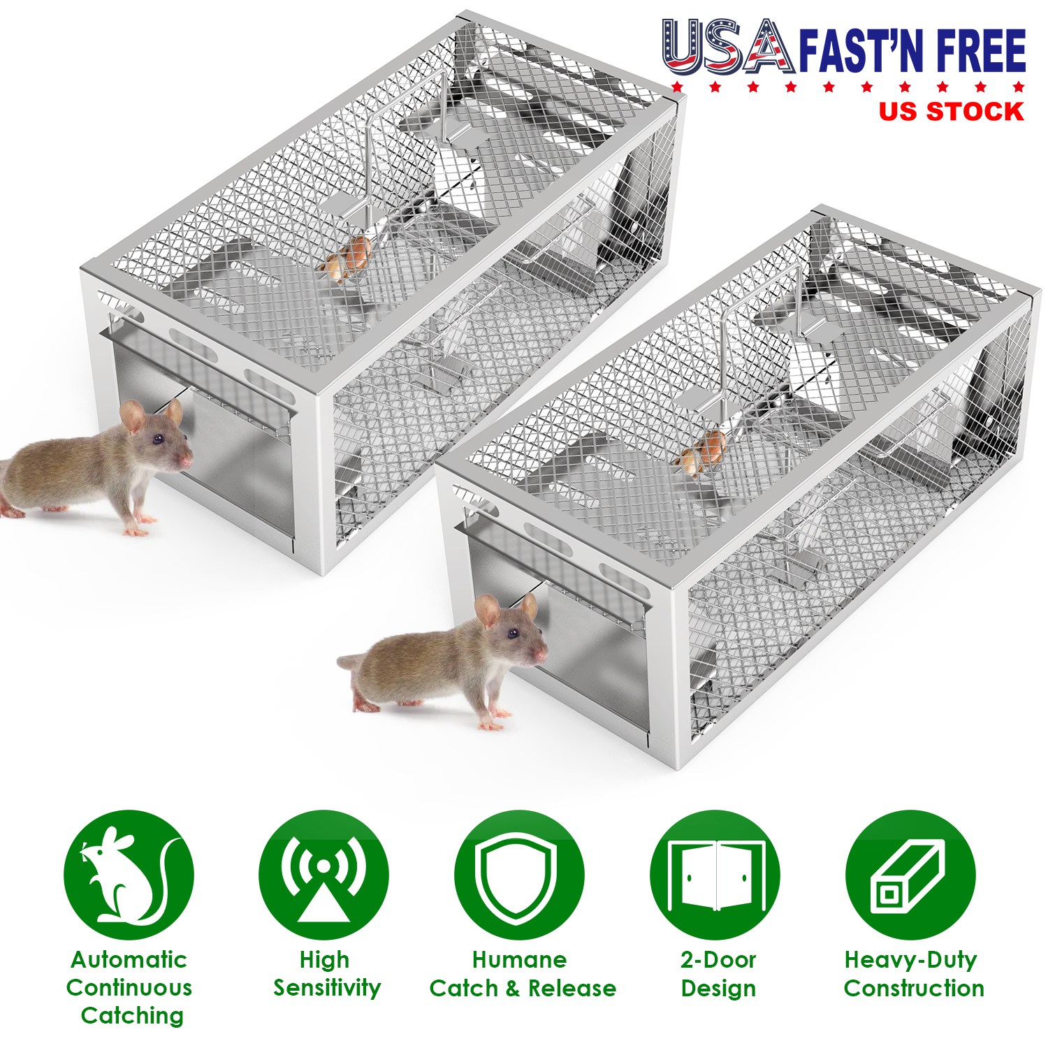 2Pack 11.81x5.63x4.45In 2-Door Humane Rat Trap Automatic Continuous Mouse Trap Reusable Galvanized Iron Live Animal Cage - Image 7
