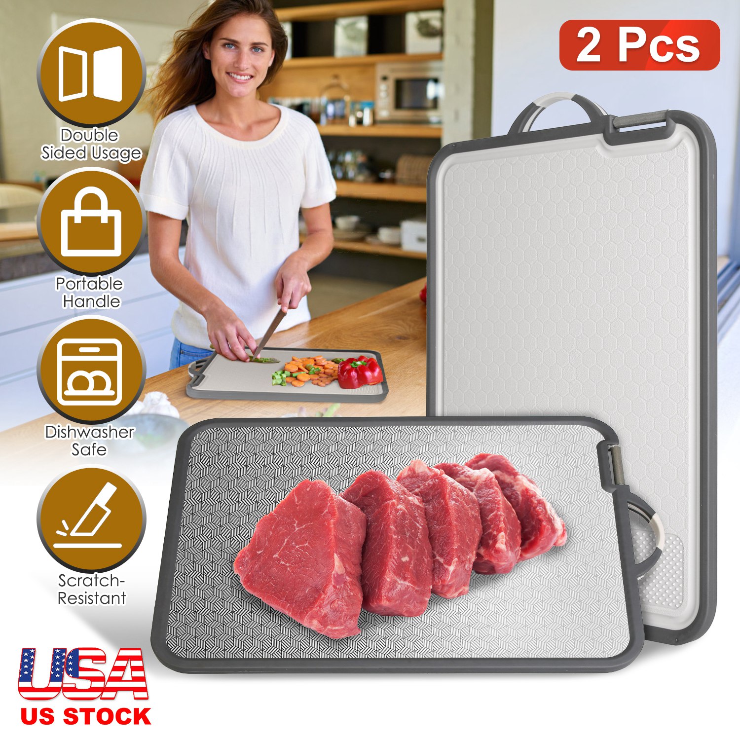 2Pcs Double Sided Cutting Board Stainless Steel PP Chopping Board Lightweight Kitchen Cutting Board Mesh Design with Grinding Zone Knife Sharpener Han - Image 5