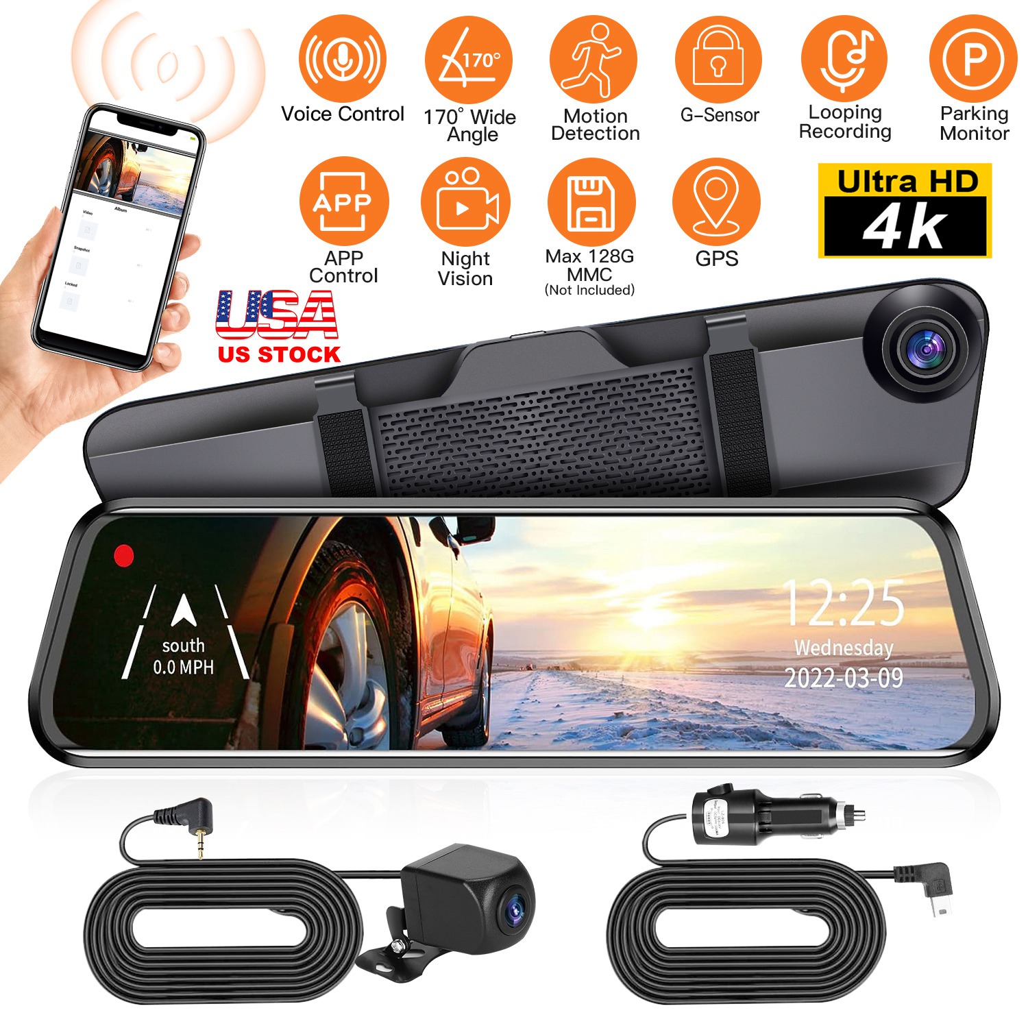 4K Car DVR 12in Dash Cam Camcorder Camera Recorder with 170° Angle Loop Recording Motion Detection Night Vision Voice Control APP Control G-sensor - Image 5