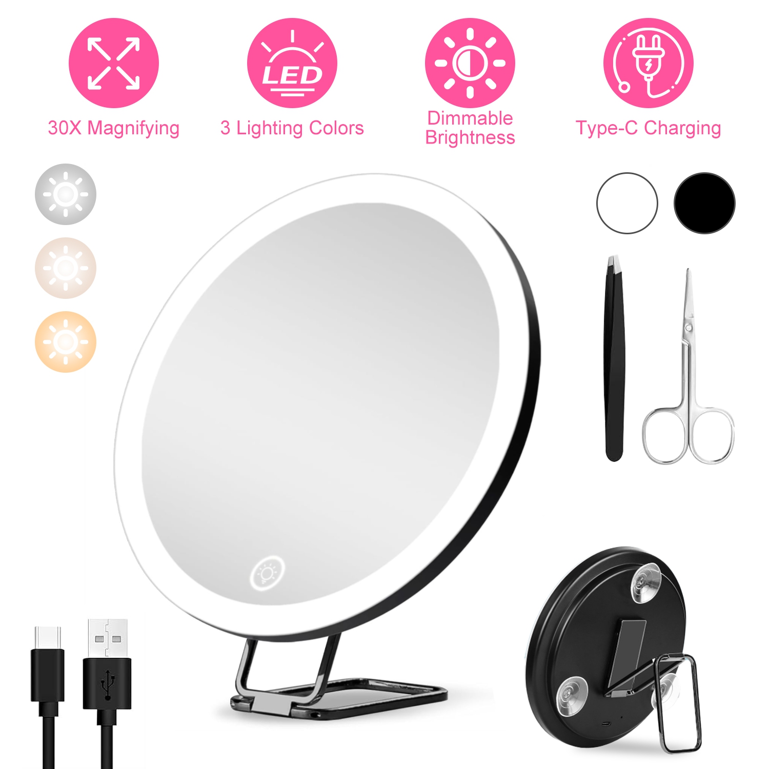 30X Magnifying Mirror With Light 3 Colors Dimmable Brightness Included Tweezer Scissor
Travel Magnifying Makeup Mirror with Suction Cup 360° Adjusta - Image 7