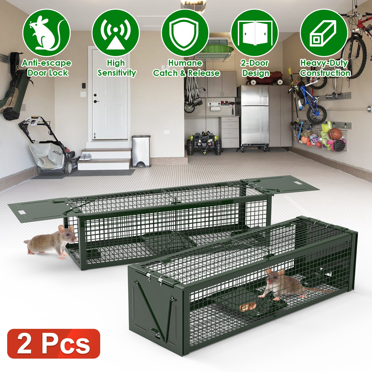 2Pack 15.35x4.72x3.94in 2-Door Humane Live Rat Trap Galvanized Iron Rodent Trap Cage Reusable for Home Garden Farm Warehouse - Image 4