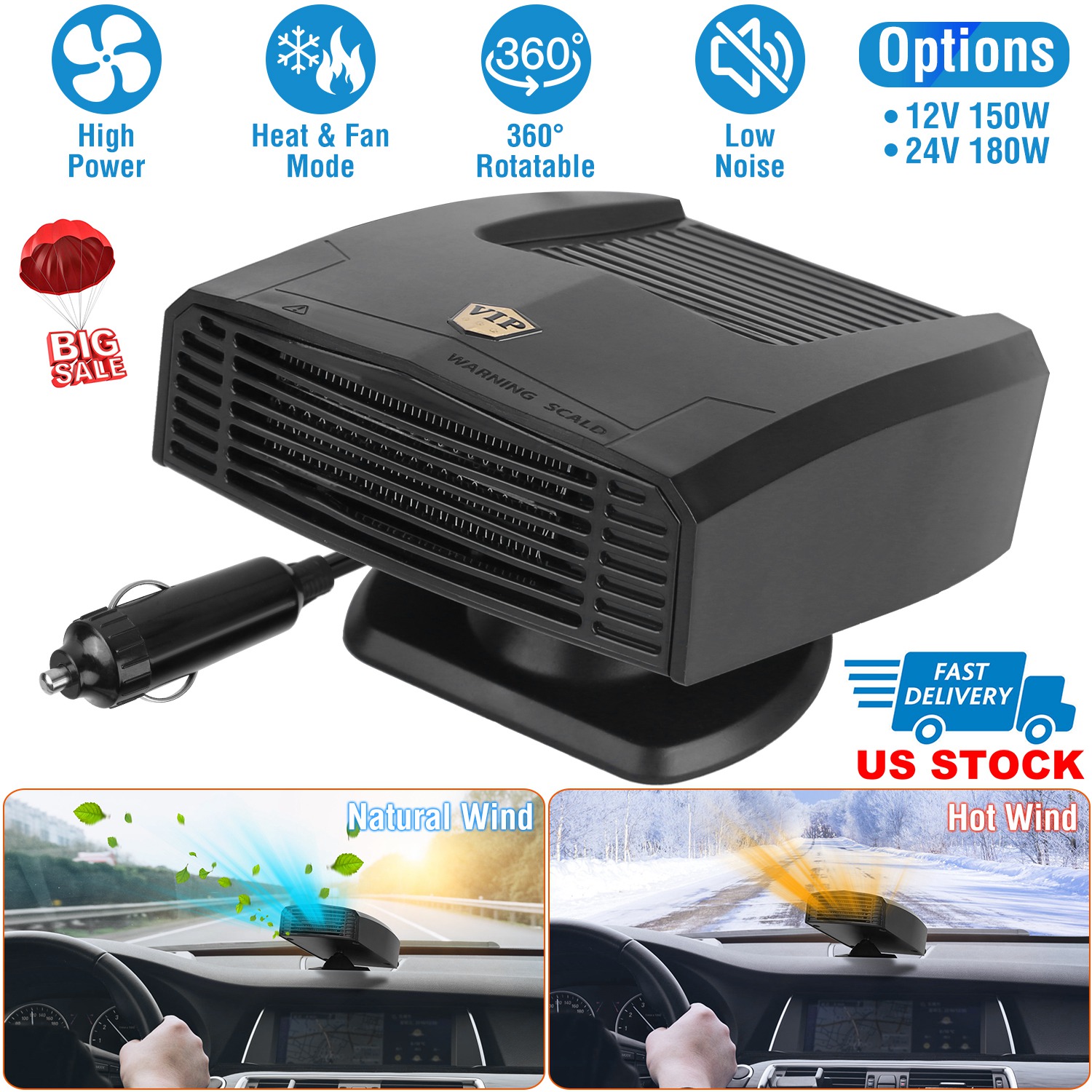 12V 150W Portable Car Heater Heating Fan 2 in 1 Defroster Defogger Demister Windshield Heater Automotive Cooling Fan with 360°Rotating Base - Image 3