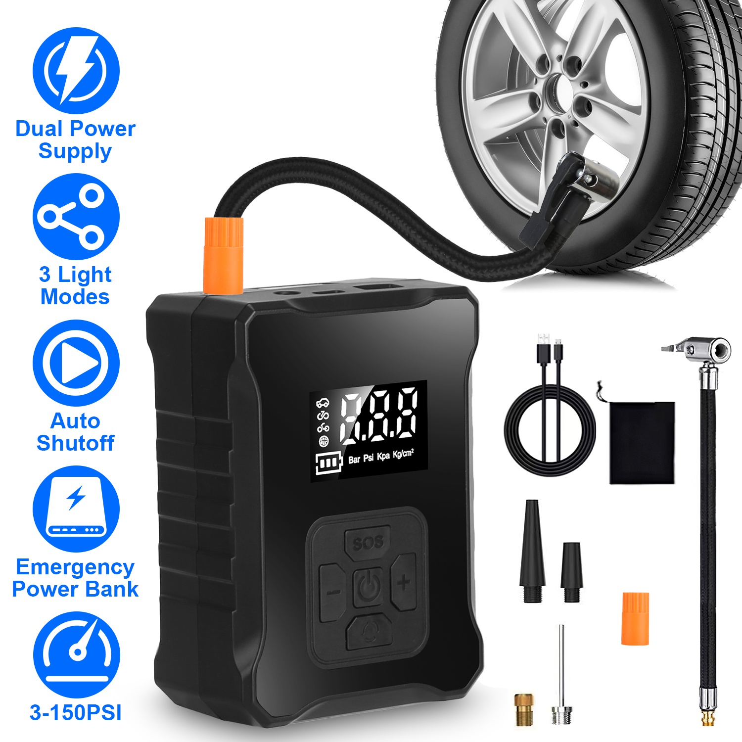 150PSI Cordless Tire Inflator Digital Air Compressor with LED Light Emergency Power Bank for Cars Motorcycles Bicycles Balls - Image 3